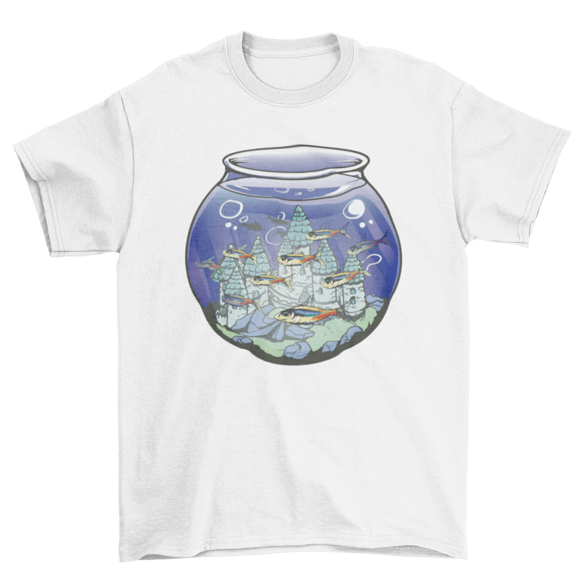 A colorful Fish Castle T-Shirt featuring fish swimming around a whimsical castle design.