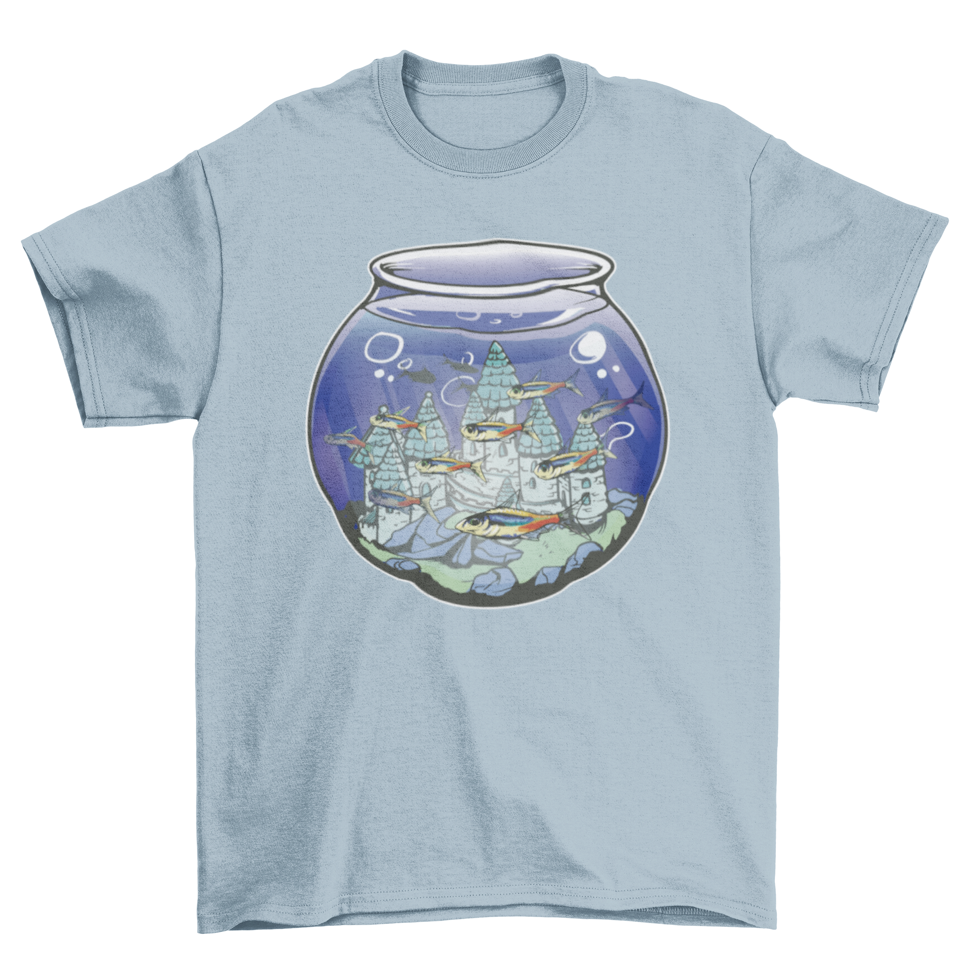 A colorful Fish Castle T-Shirt featuring fish swimming around a whimsical castle design.