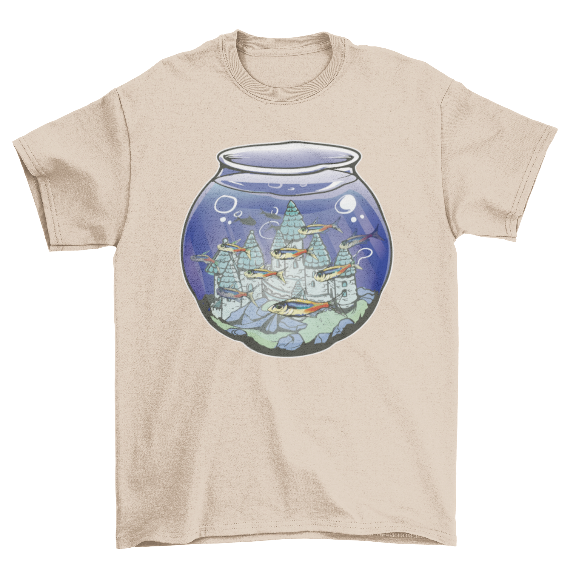 A colorful Fish Castle T-Shirt featuring fish swimming around a whimsical castle design.