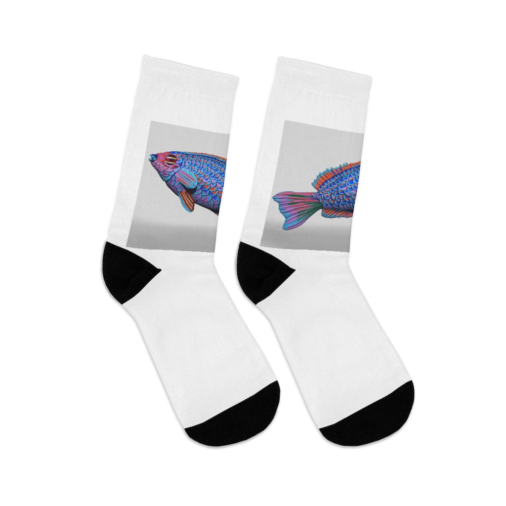 Fish Concept DTG Socks featuring a vibrant fish design, made from a blend of recycled materials, showcasing their 200 needle knit quality.