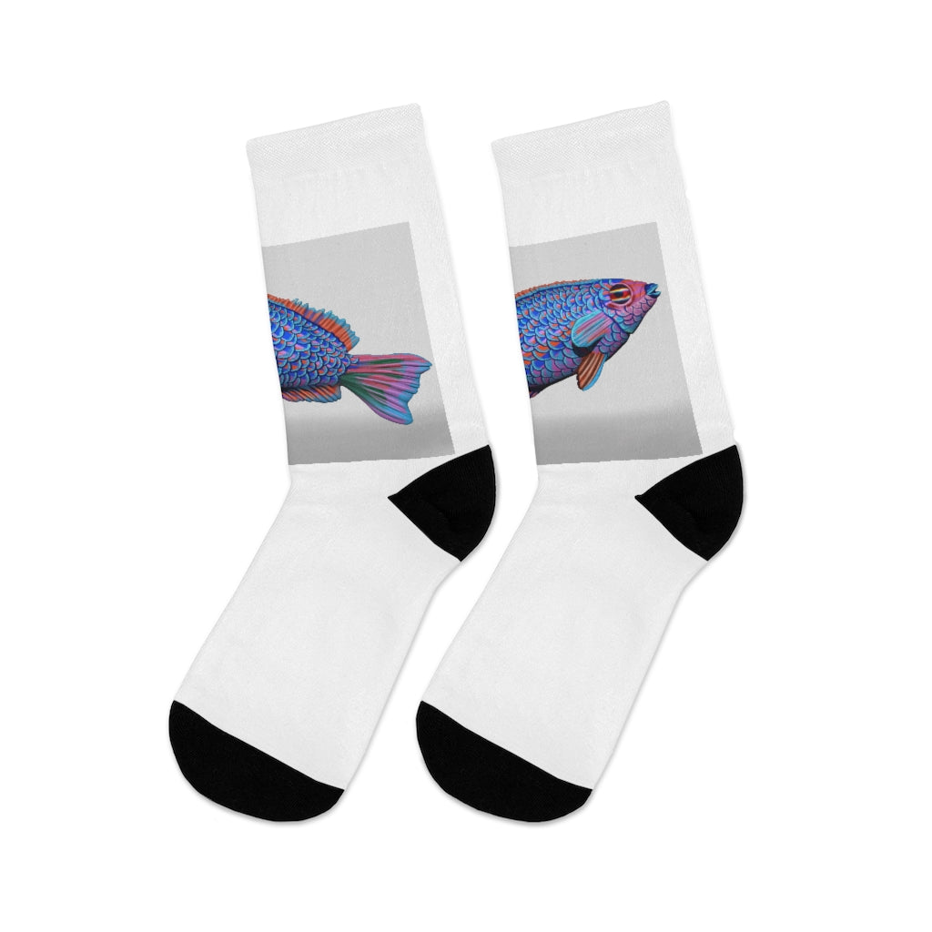 Fish Concept DTG Socks featuring a vibrant fish design, made from a blend of recycled materials, showcasing their 200 needle knit quality.