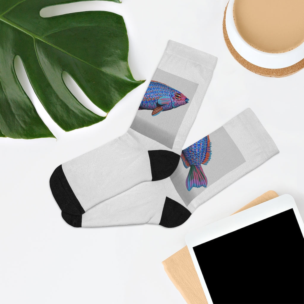 Fish Concept DTG Socks featuring a vibrant fish design, made from a blend of recycled materials, showcasing their 200 needle knit quality.