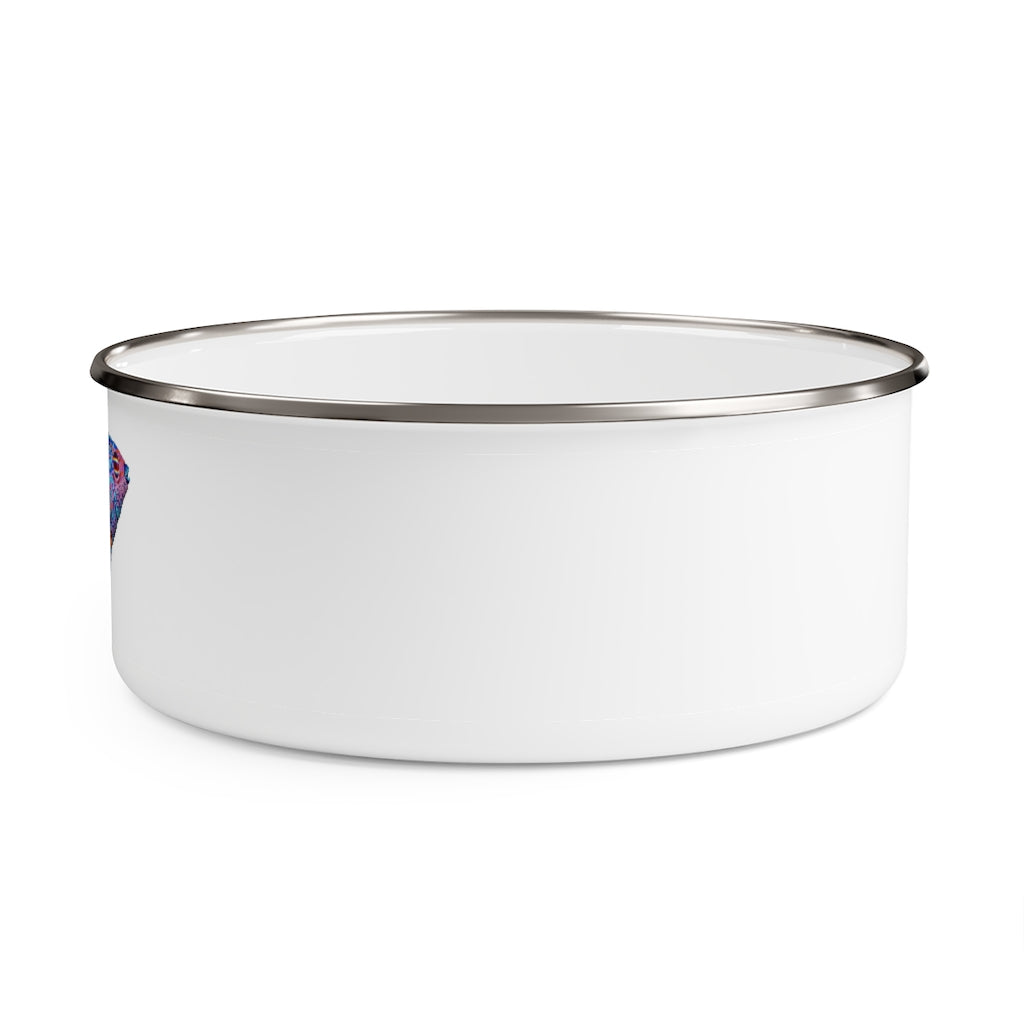 A stylish Fish Enamel Bowl made of lightweight stainless steel with a vibrant fish design and a translucent plastic lid.