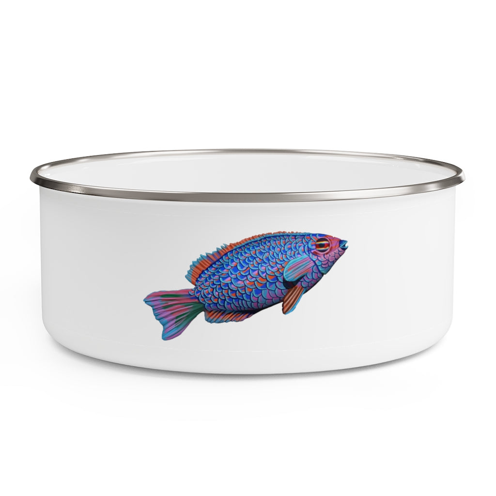 A stylish Fish Enamel Bowl made of lightweight stainless steel with a vibrant fish design and a translucent plastic lid.