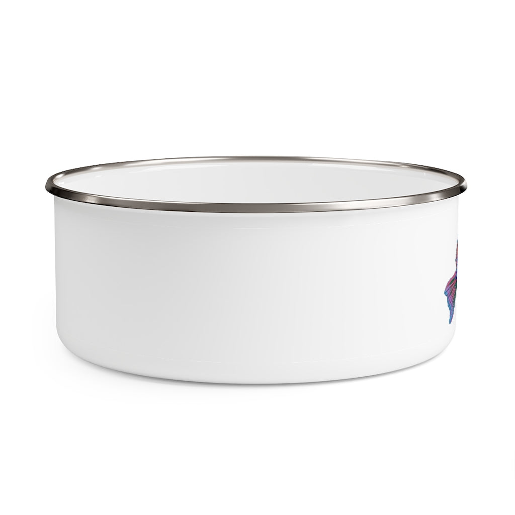 A stylish Fish Enamel Bowl made of lightweight stainless steel with a vibrant fish design and a translucent plastic lid.