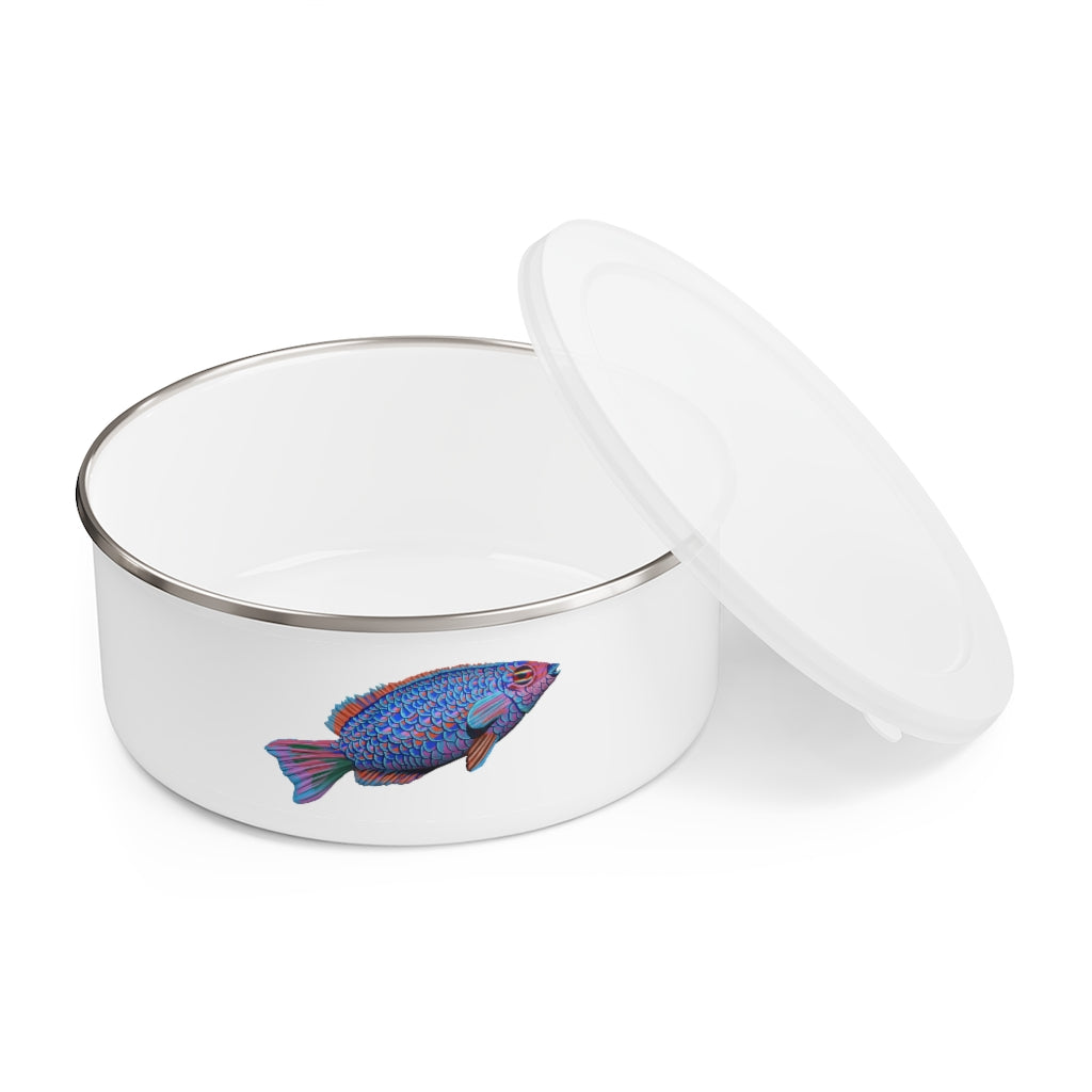 A stylish Fish Enamel Bowl made of lightweight stainless steel with a vibrant fish design and a translucent plastic lid.