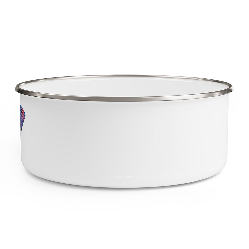 A stylish Fish Enamel Bowl made of lightweight stainless steel with a vibrant fish design and a translucent plastic lid.