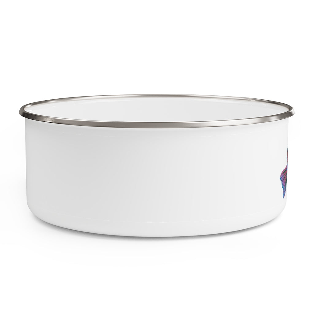 A stylish Fish Enamel Bowl made of lightweight stainless steel with a vibrant fish design and a translucent plastic lid.