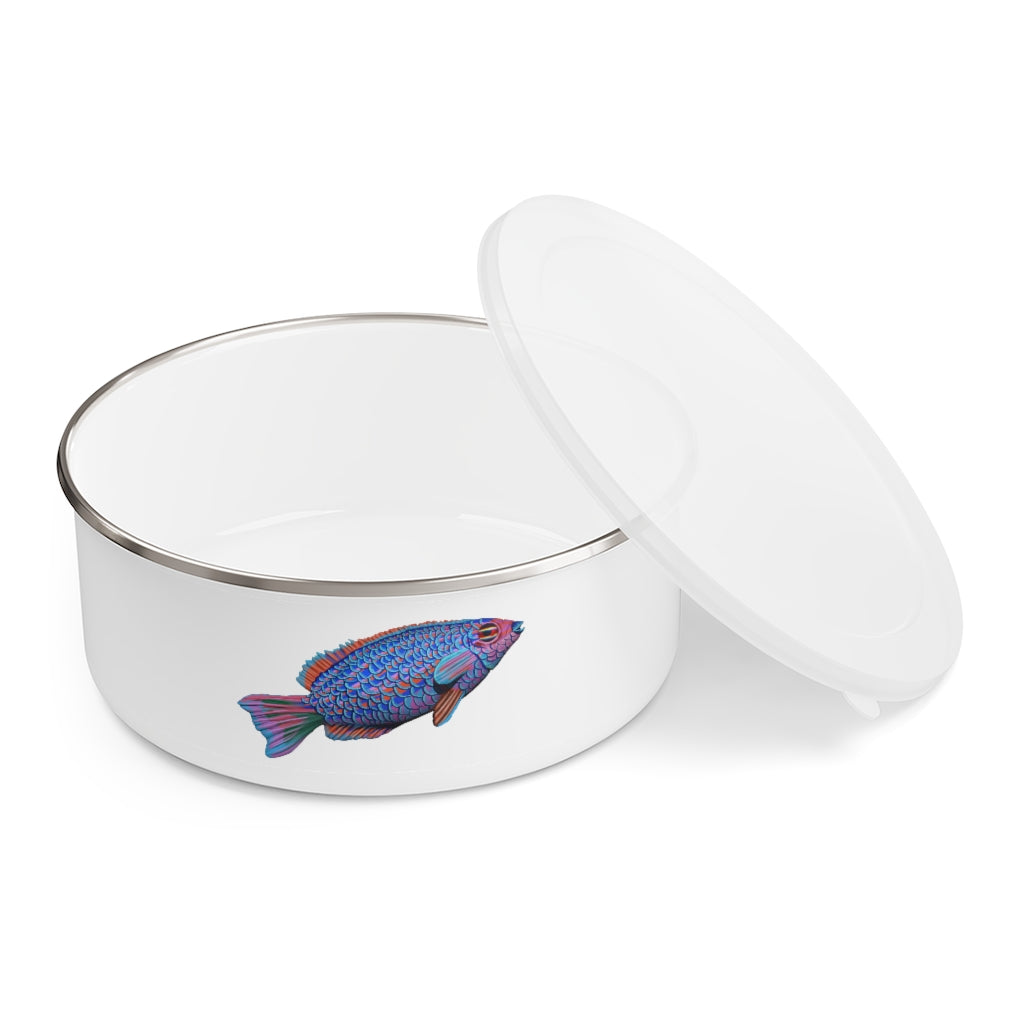 A stylish Fish Enamel Bowl made of lightweight stainless steel with a vibrant fish design and a translucent plastic lid.