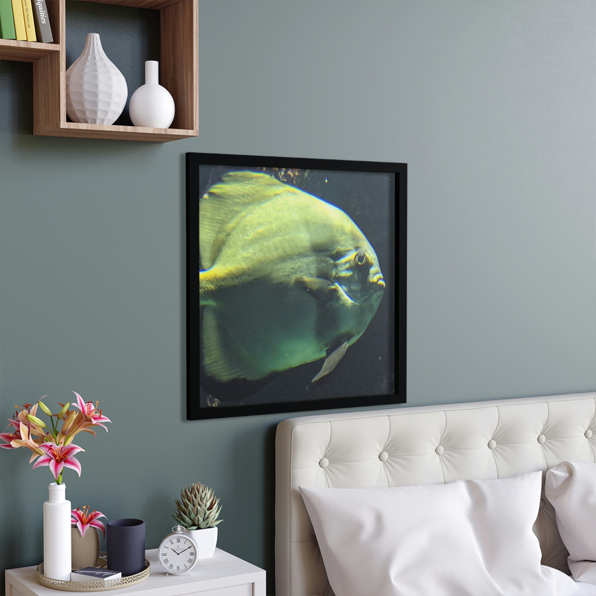 A beautifully framed fish poster showcasing vibrant aquatic life, set in a hand-crafted wooden frame, ready to enhance any home decor.