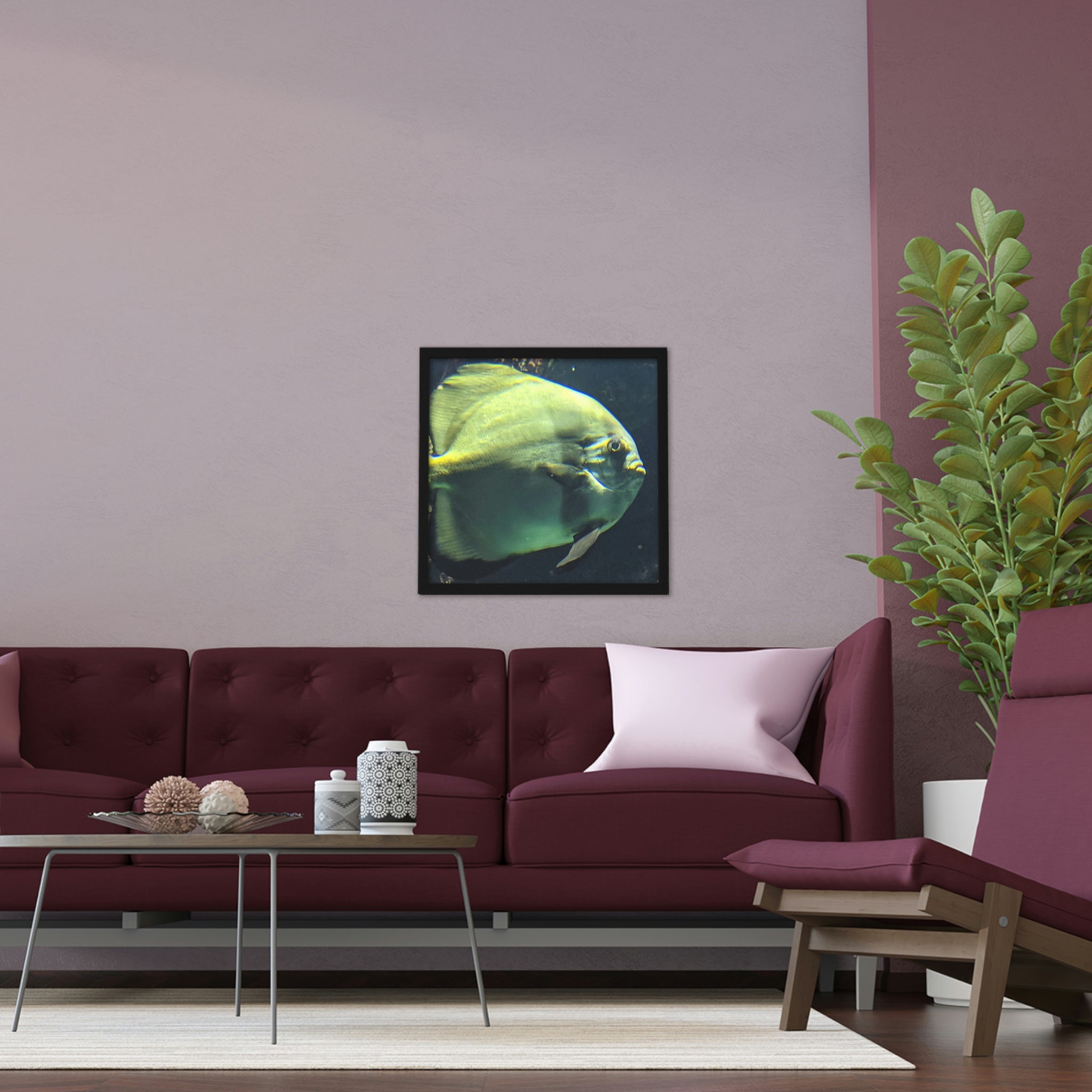 A beautifully framed fish poster showcasing vibrant aquatic life, set in a hand-crafted wooden frame, ready to enhance any home decor.