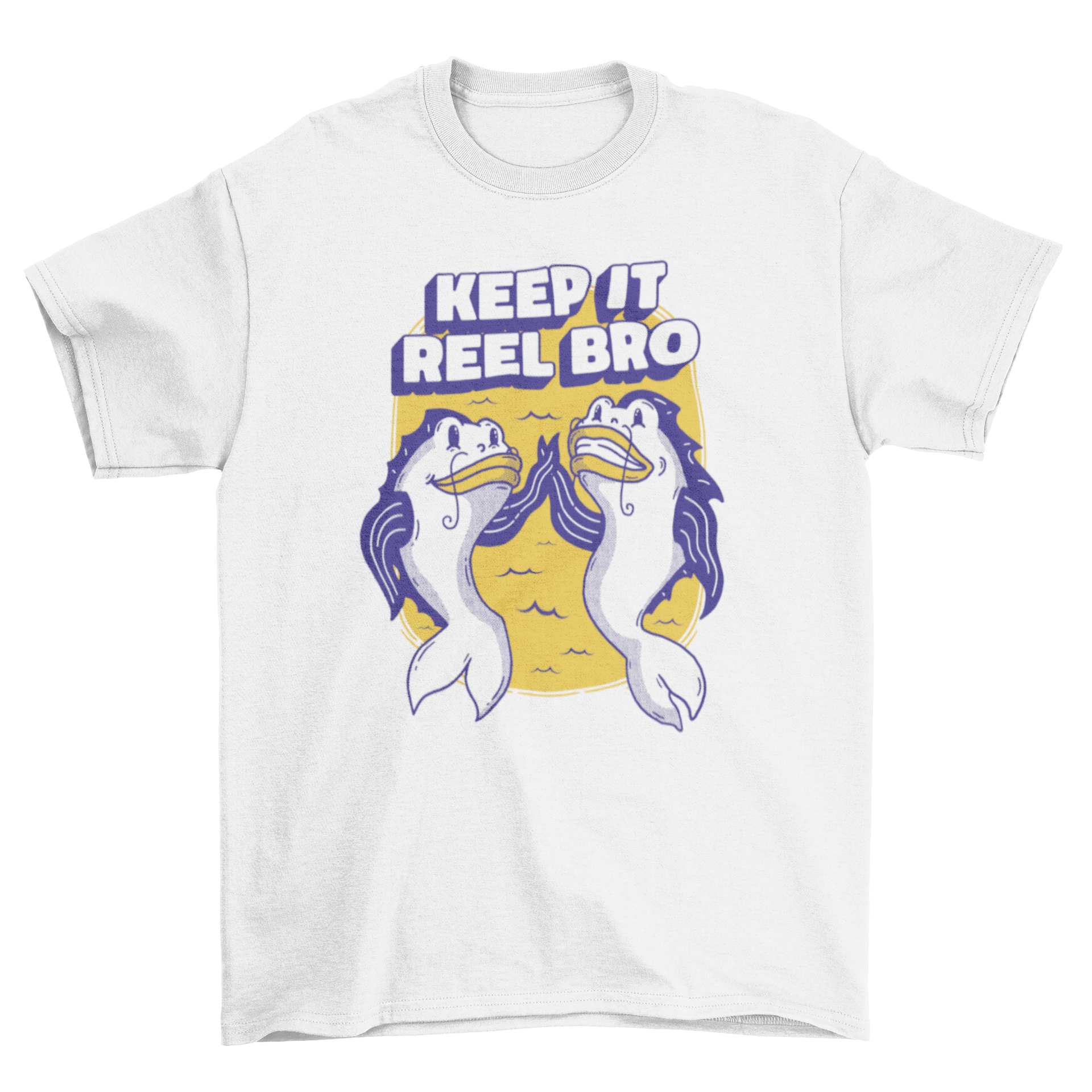 Fish Friends T-Shirt featuring cartoon fishes and the quote 'Keep it reel bro' in vibrant colors.