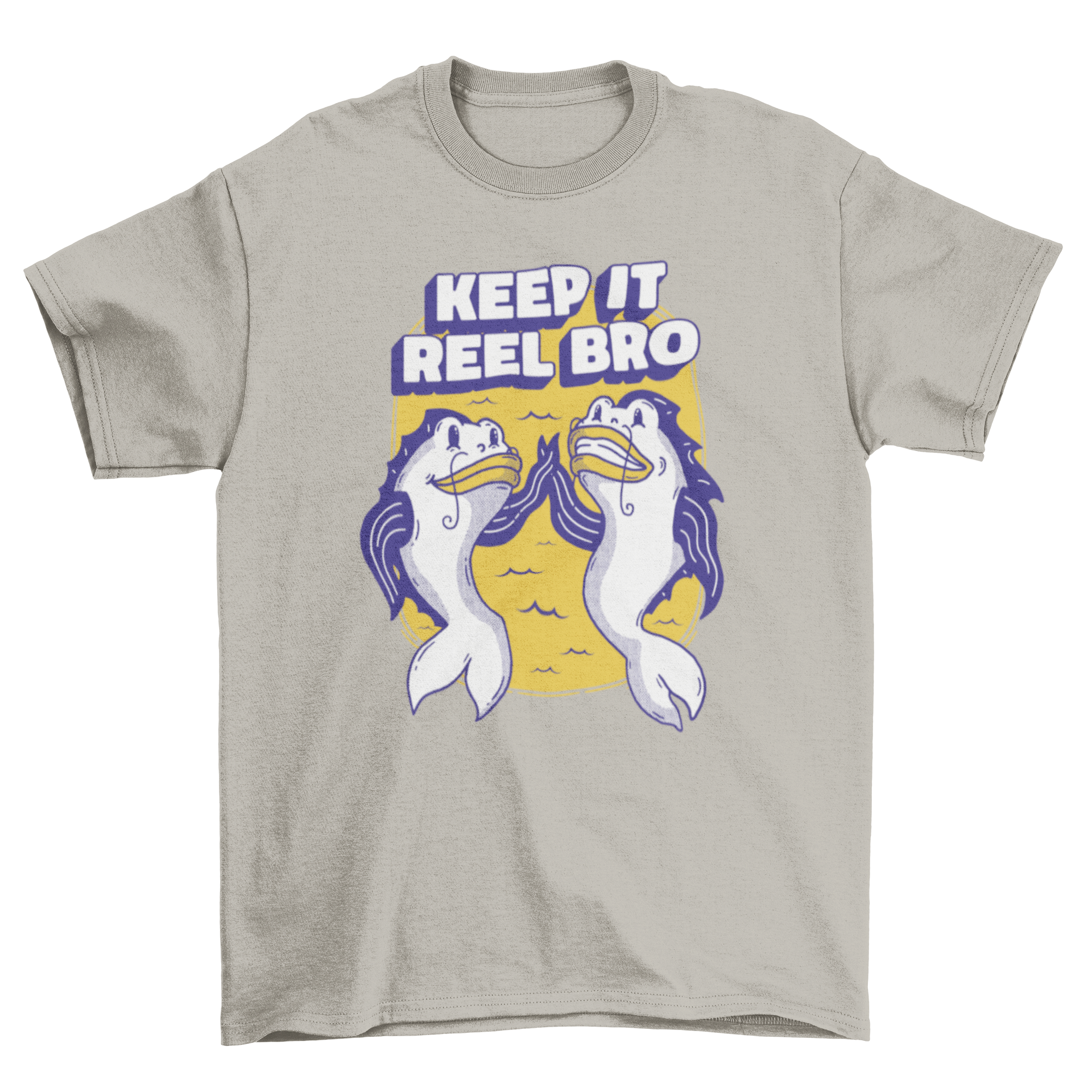 Fish Friends T-Shirt featuring cartoon fishes and the quote 'Keep it reel bro' in vibrant colors.