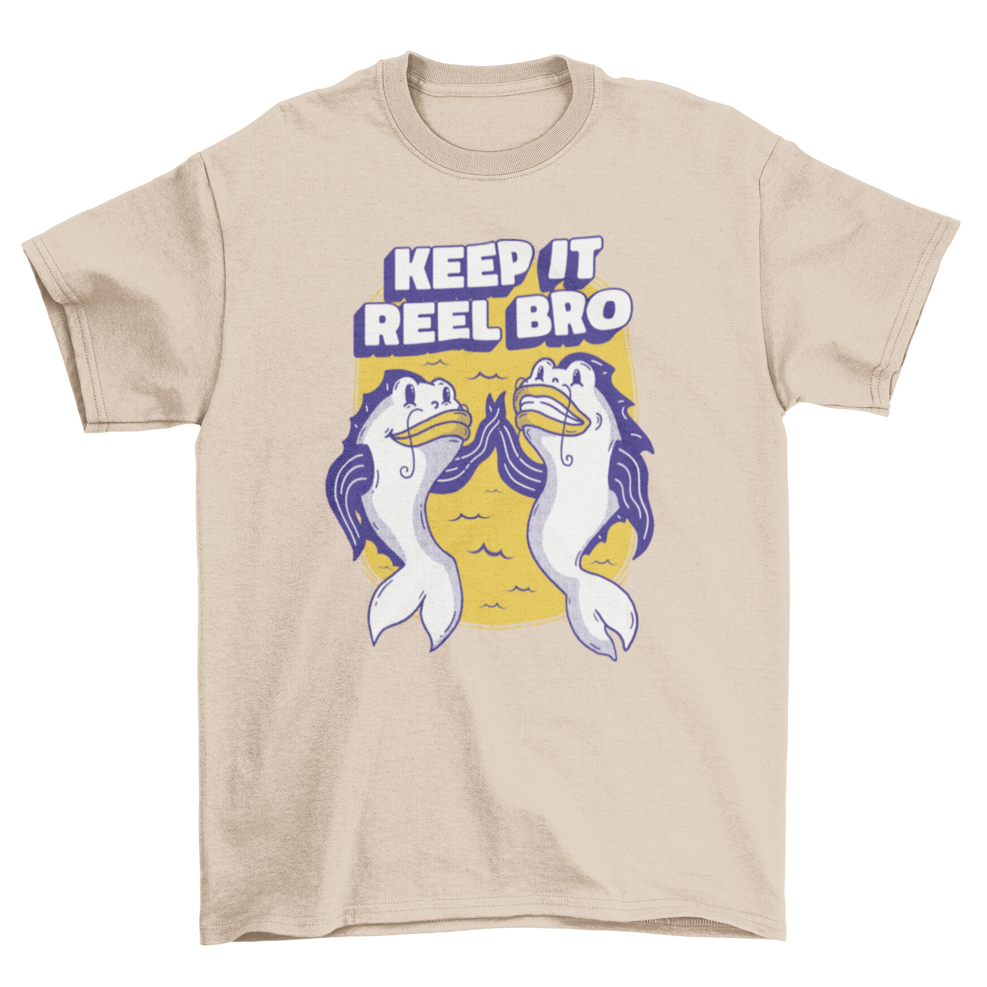 Fish Friends T-Shirt featuring cartoon fishes and the quote 'Keep it reel bro' in vibrant colors.