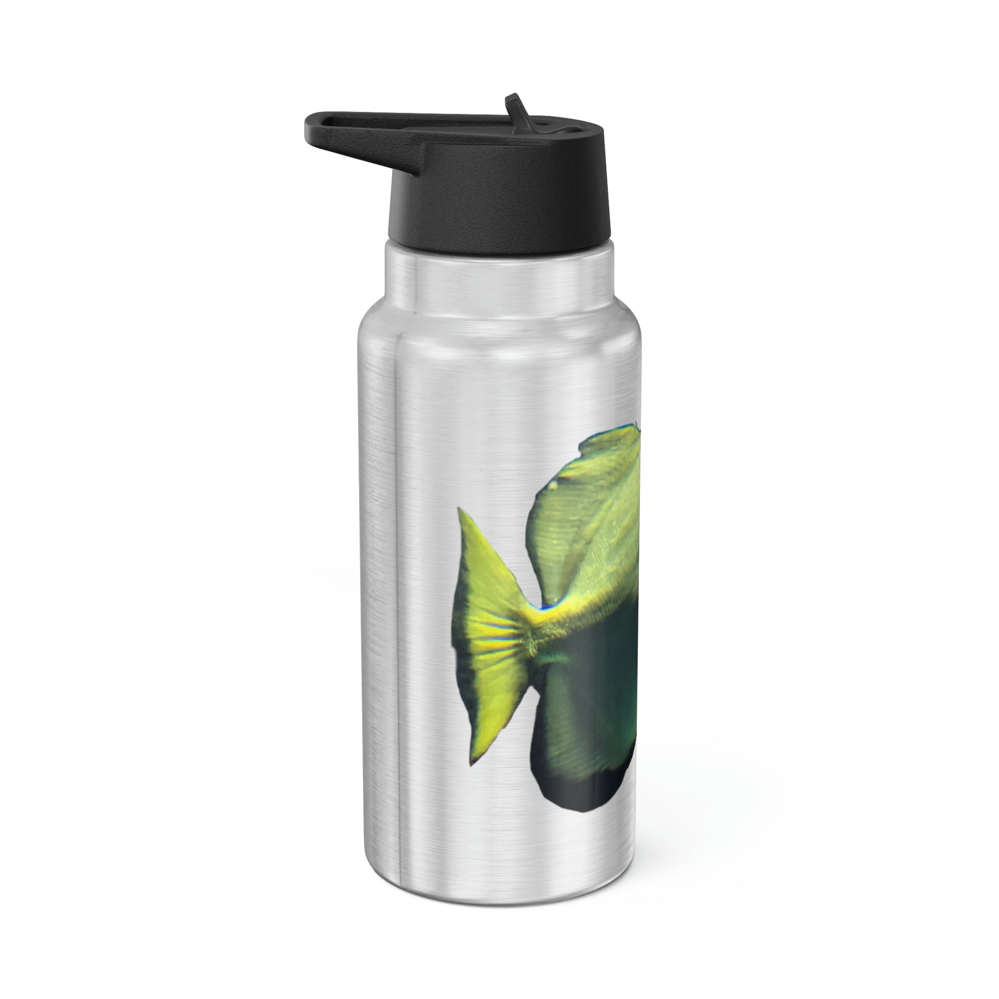 Fish Gator Tumbler, 32oz, stainless steel with a black plastic cap and straw, customizable design.