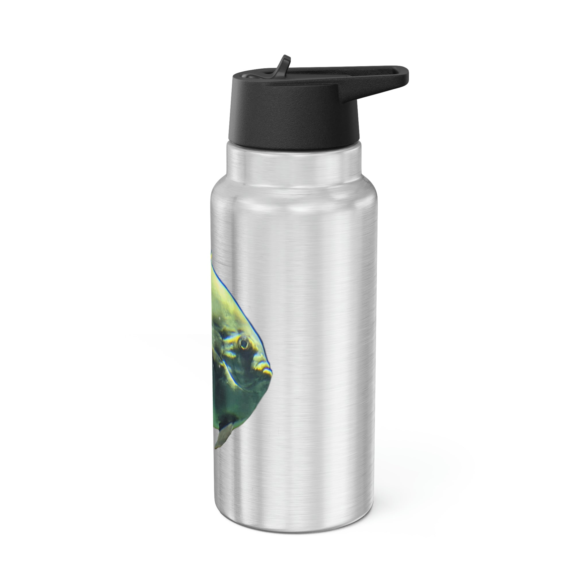 Fish Gator Tumbler, 32oz, stainless steel with a black plastic cap and straw, customizable design.