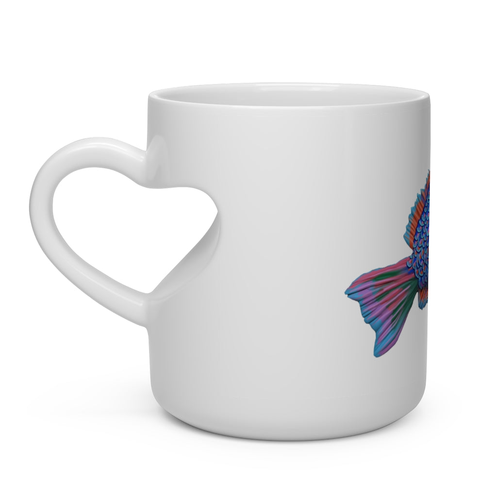 A white ceramic mug shaped like a heart with a heart-shaped handle, perfect for hot beverages.