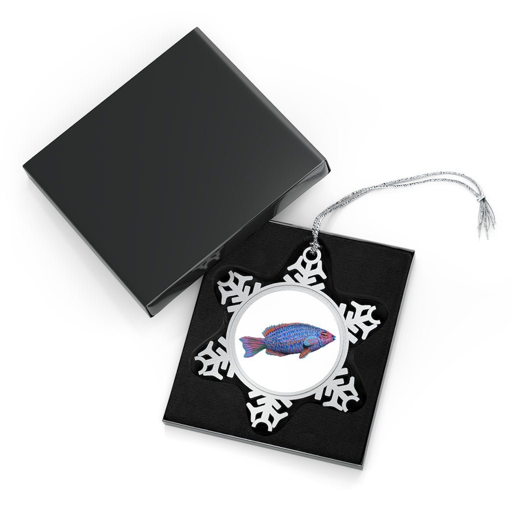 Fish Pewter Snowflake Ornament with silver-toned hanging string, showcasing intricate snowflake design.