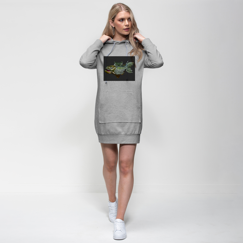 Fish Premium Adult Hoodie Dress featuring a stylish hood, kangaroo pocket, and ribbed sleeves, made from soft cotton blend fabric.