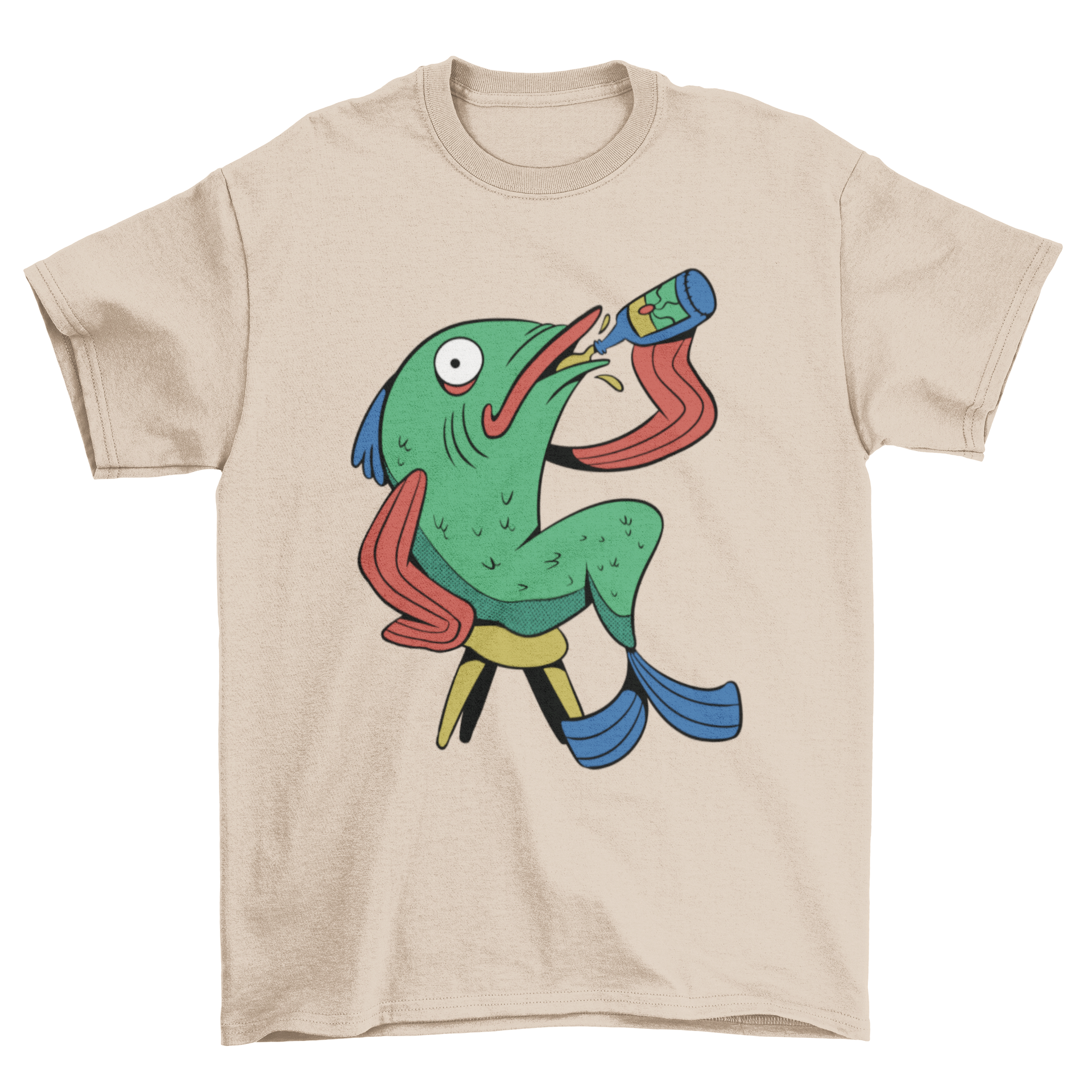 A humorous t-shirt design featuring a cartoon fish sitting on a stool, drinking a beer, showcasing a fun and playful theme.