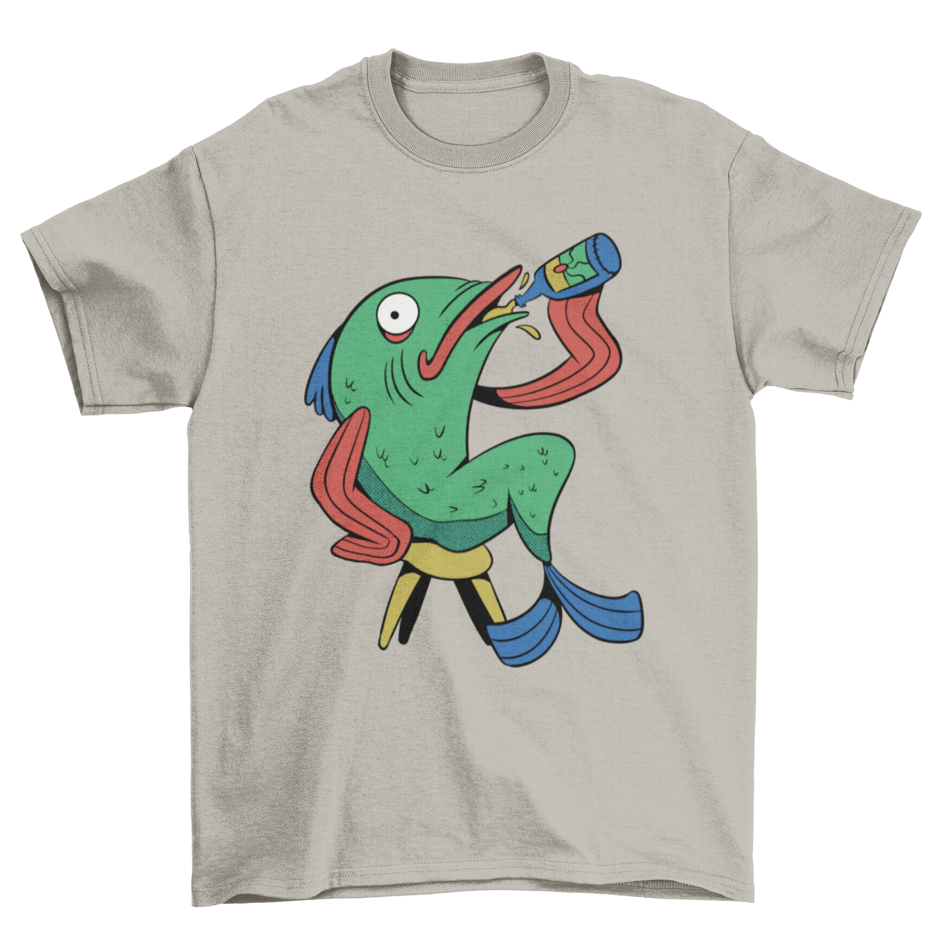 A humorous t-shirt design featuring a cartoon fish sitting on a stool, drinking a beer, showcasing a fun and playful theme.