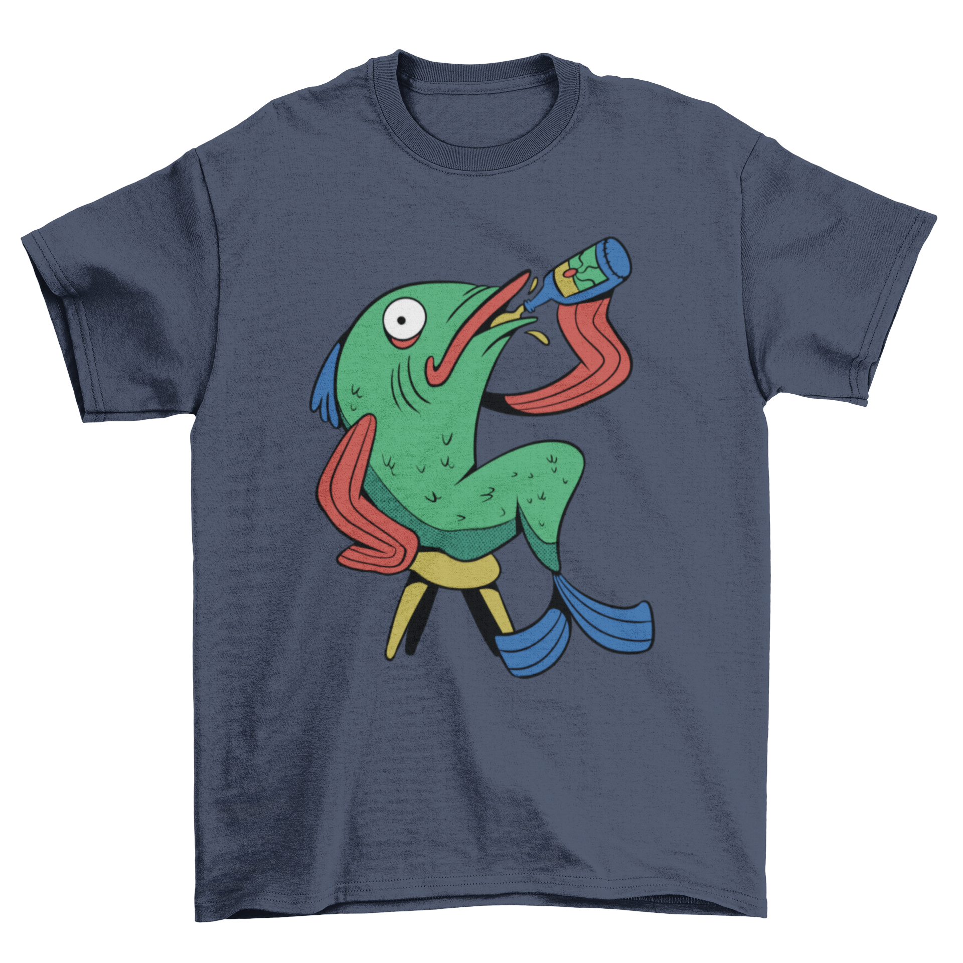 A humorous t-shirt design featuring a cartoon fish sitting on a stool, drinking a beer, showcasing a fun and playful theme.