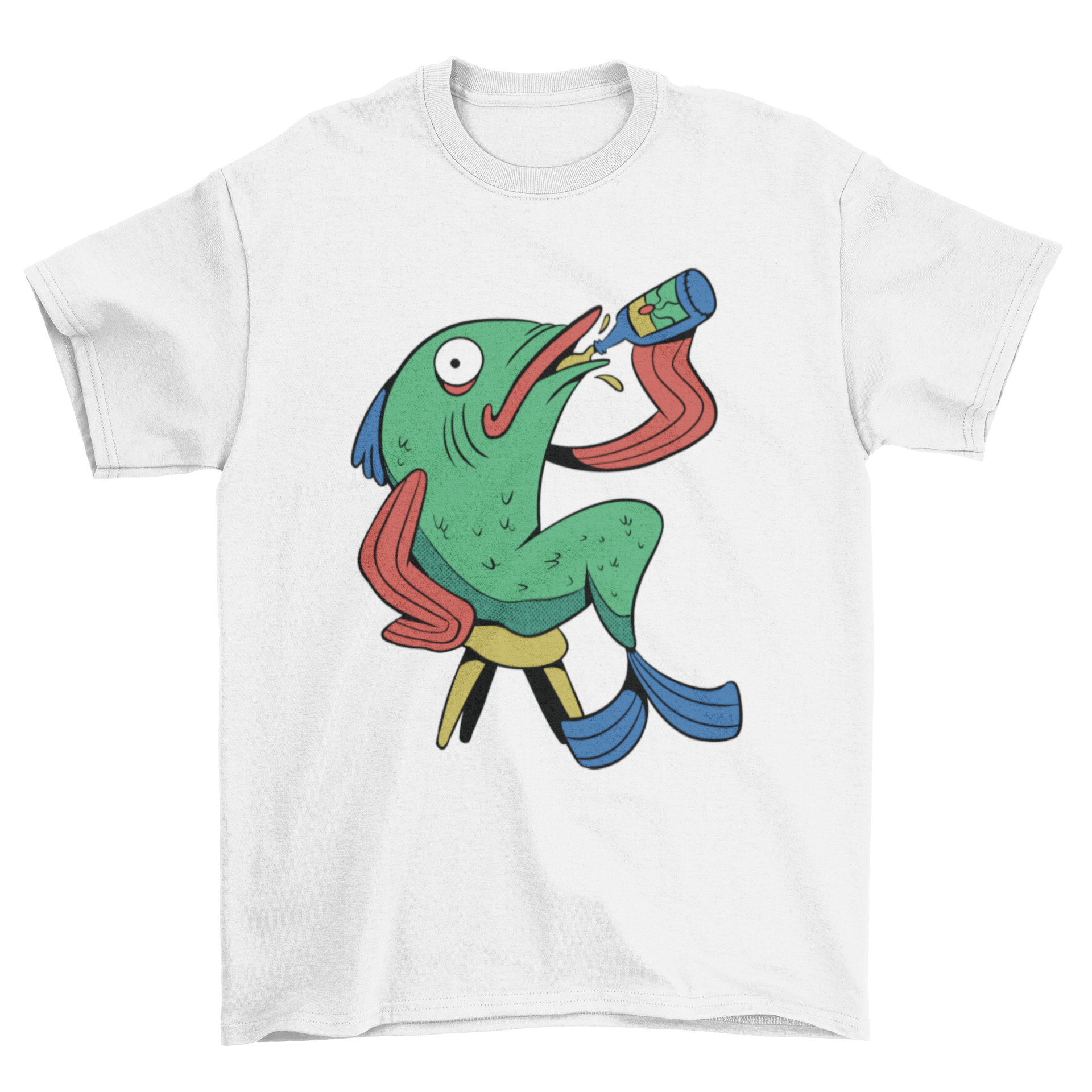 A humorous t-shirt design featuring a cartoon fish sitting on a stool, drinking a beer, showcasing a fun and playful theme.