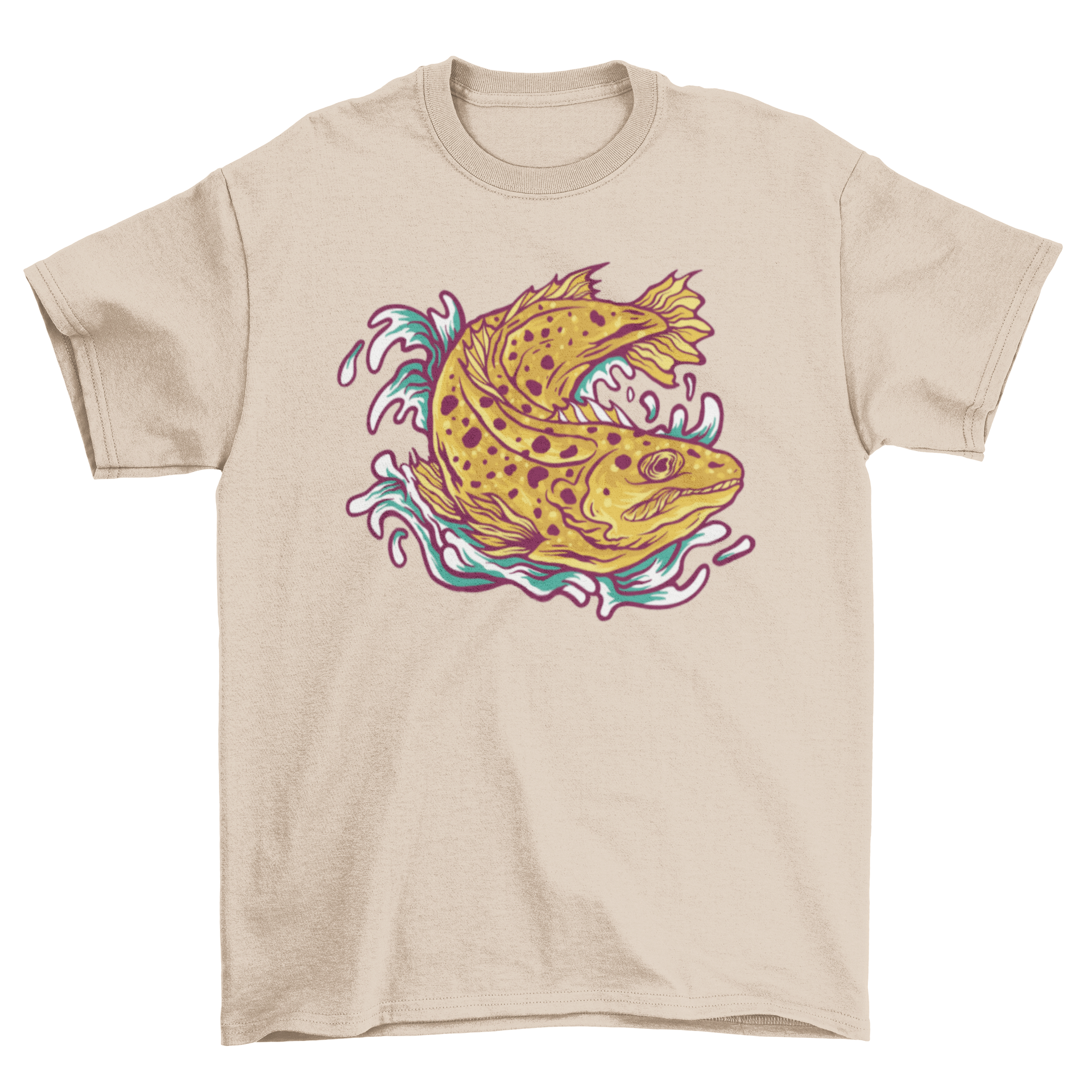 A stylish t-shirt featuring a colorful fish swimming in blue water, perfect for ocean lovers.