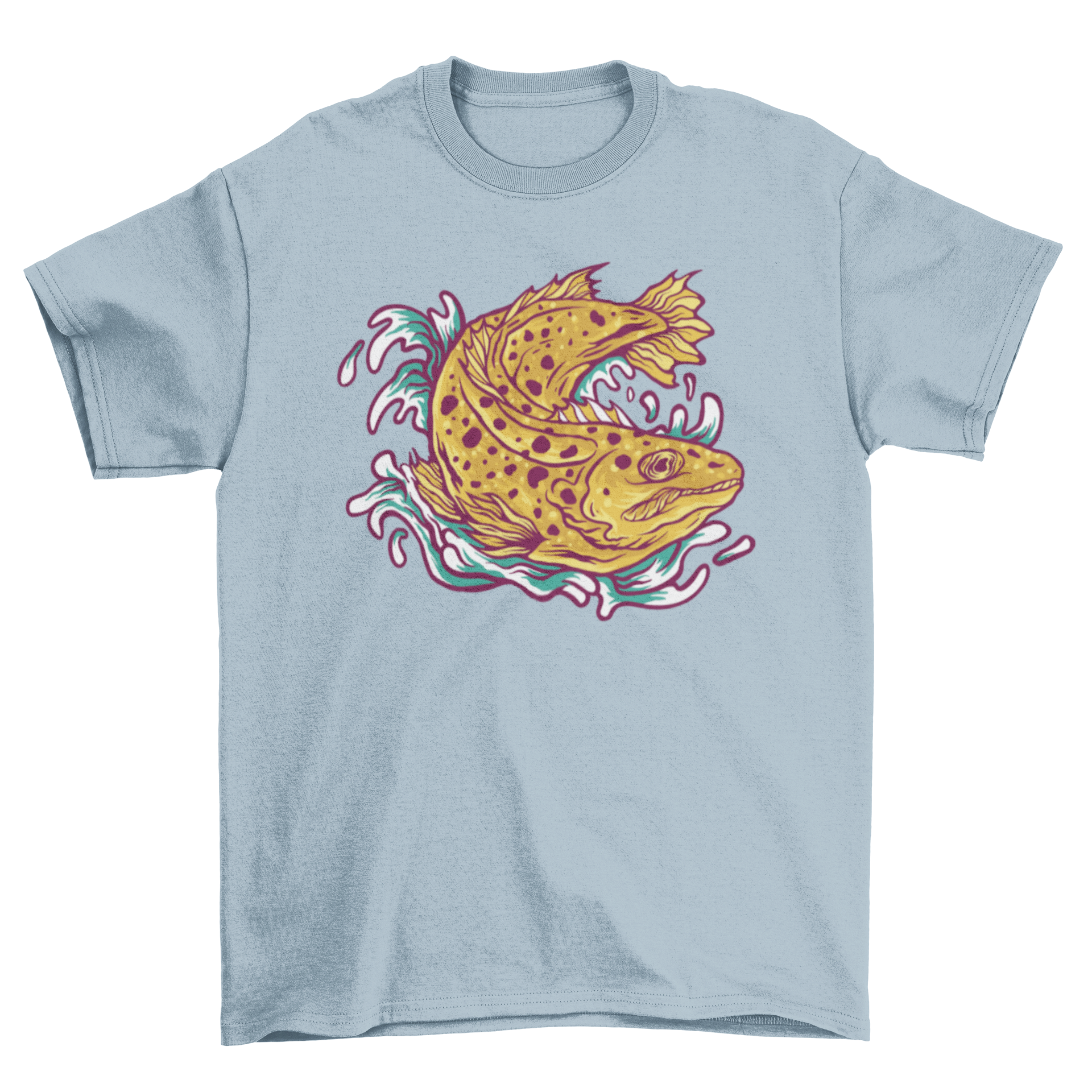 A stylish t-shirt featuring a colorful fish swimming in blue water, perfect for ocean lovers.