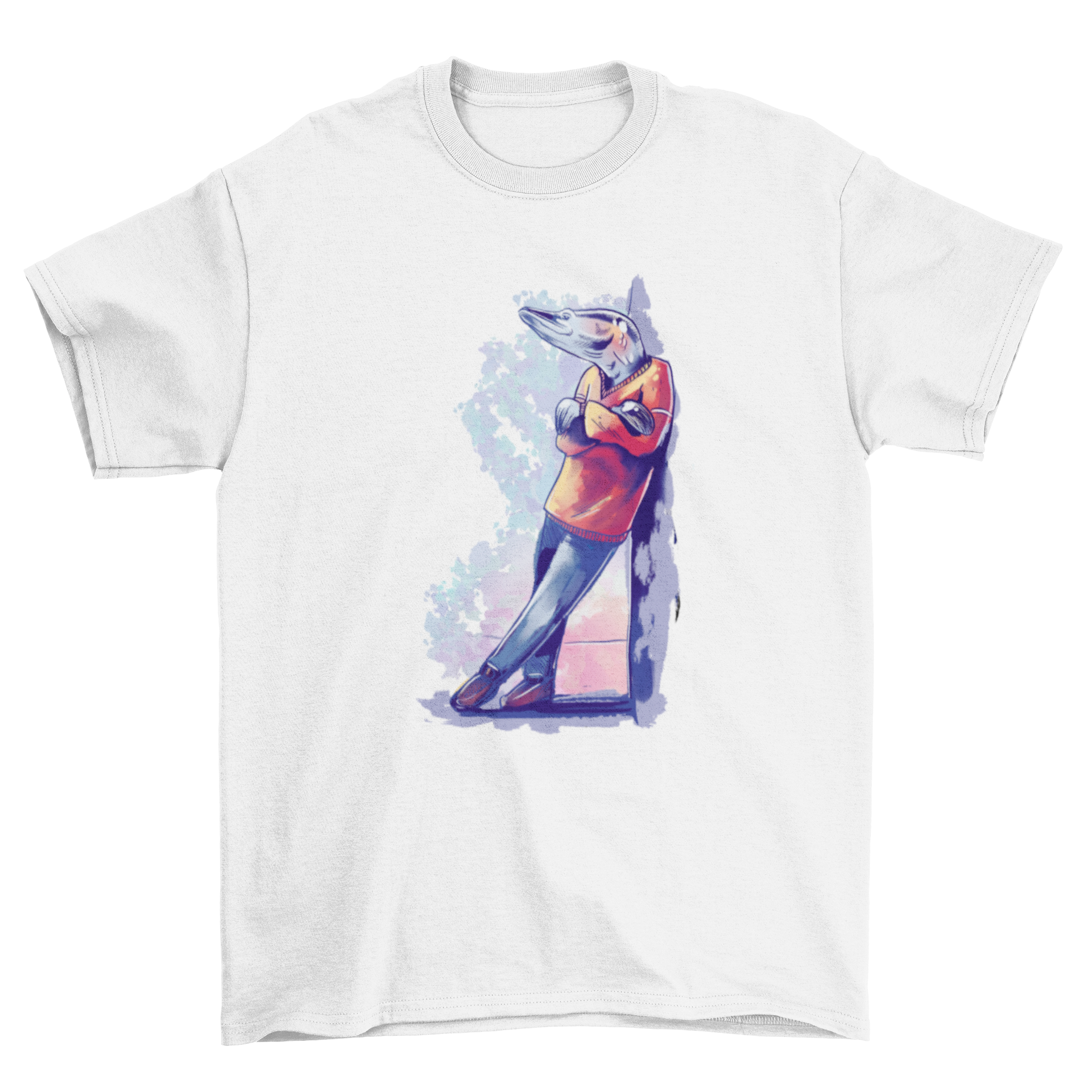 A quirky t-shirt featuring a whimsical design of a man with a fish for a head, perfect for casual wear.