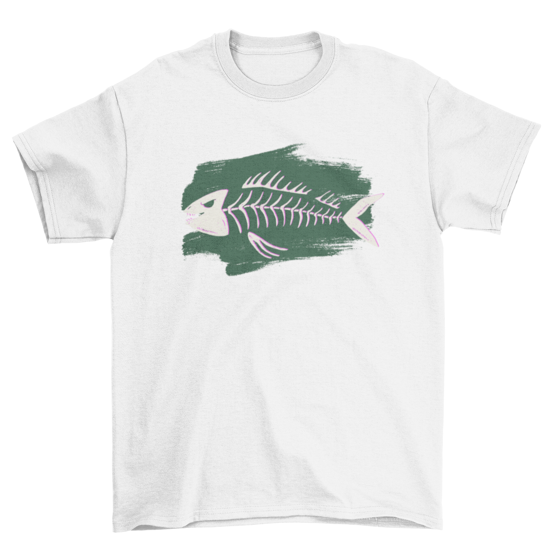 Fish skeleton t-shirt featuring an angry fish with sharp teeth on a green paint brush stroke background.