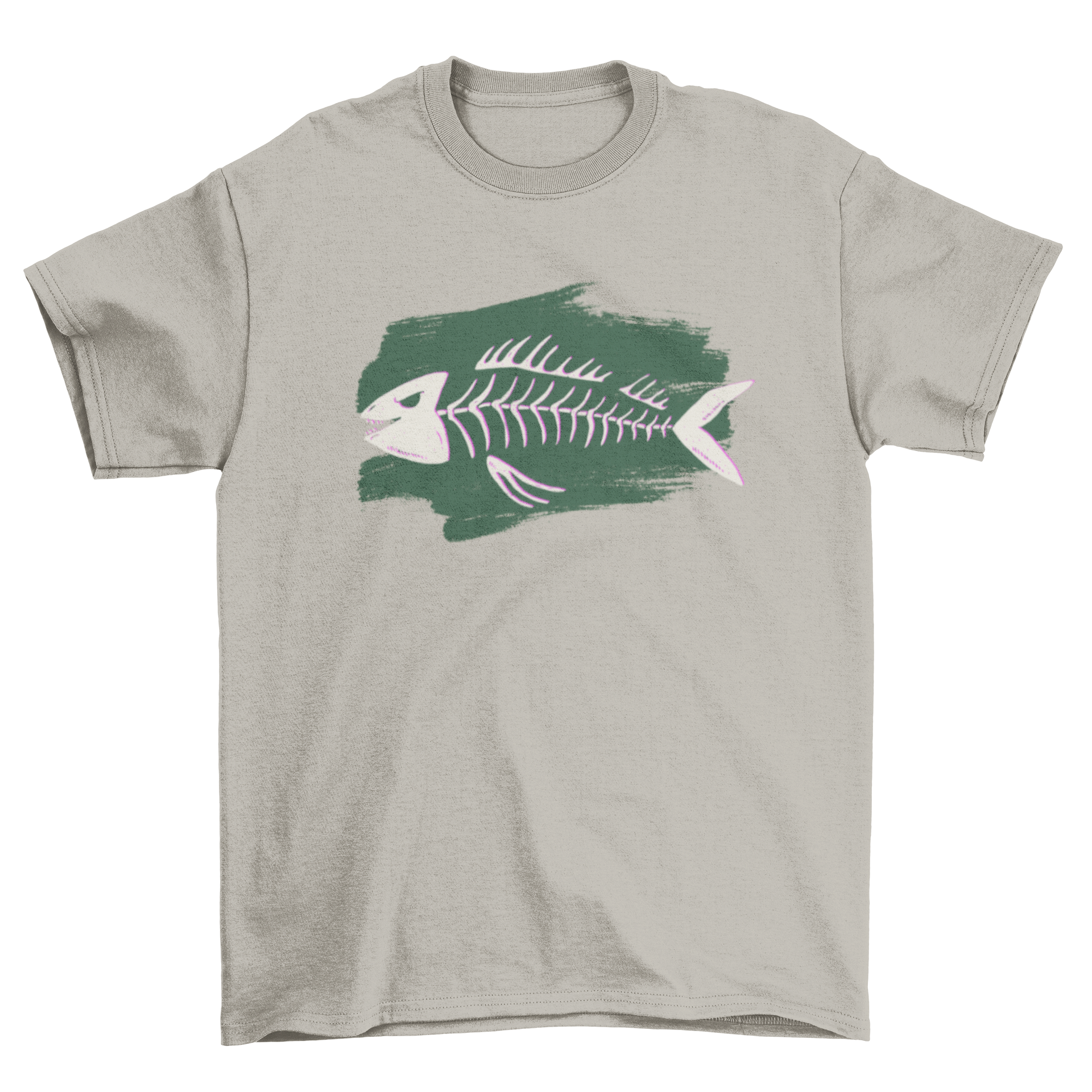 Fish skeleton t-shirt featuring an angry fish with sharp teeth on a green paint brush stroke background.