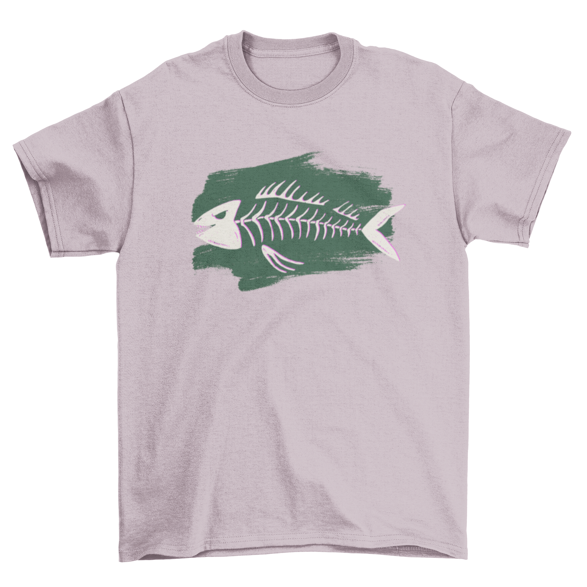 Fish skeleton t-shirt featuring an angry fish with sharp teeth on a green paint brush stroke background.