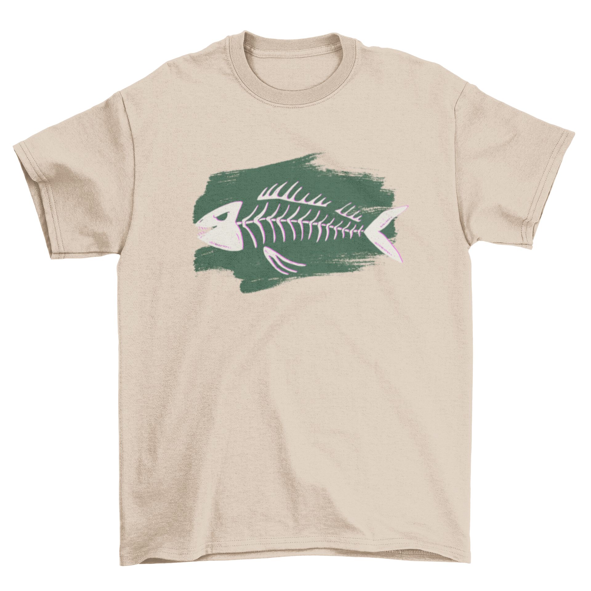 Fish skeleton t-shirt featuring an angry fish with sharp teeth on a green paint brush stroke background.