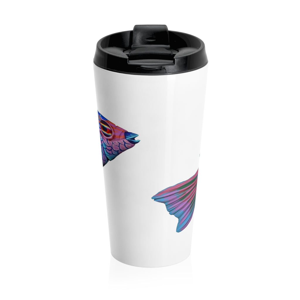 Fish Stainless Steel Travel Mug with black lid, showcasing vibrant sublimation printing design.