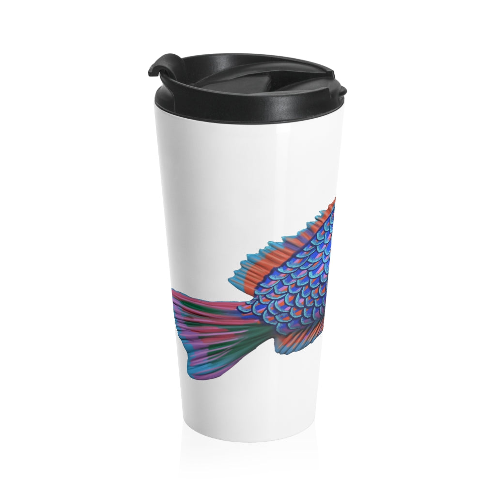 Fish Stainless Steel Travel Mug with black lid, showcasing vibrant sublimation printing design.