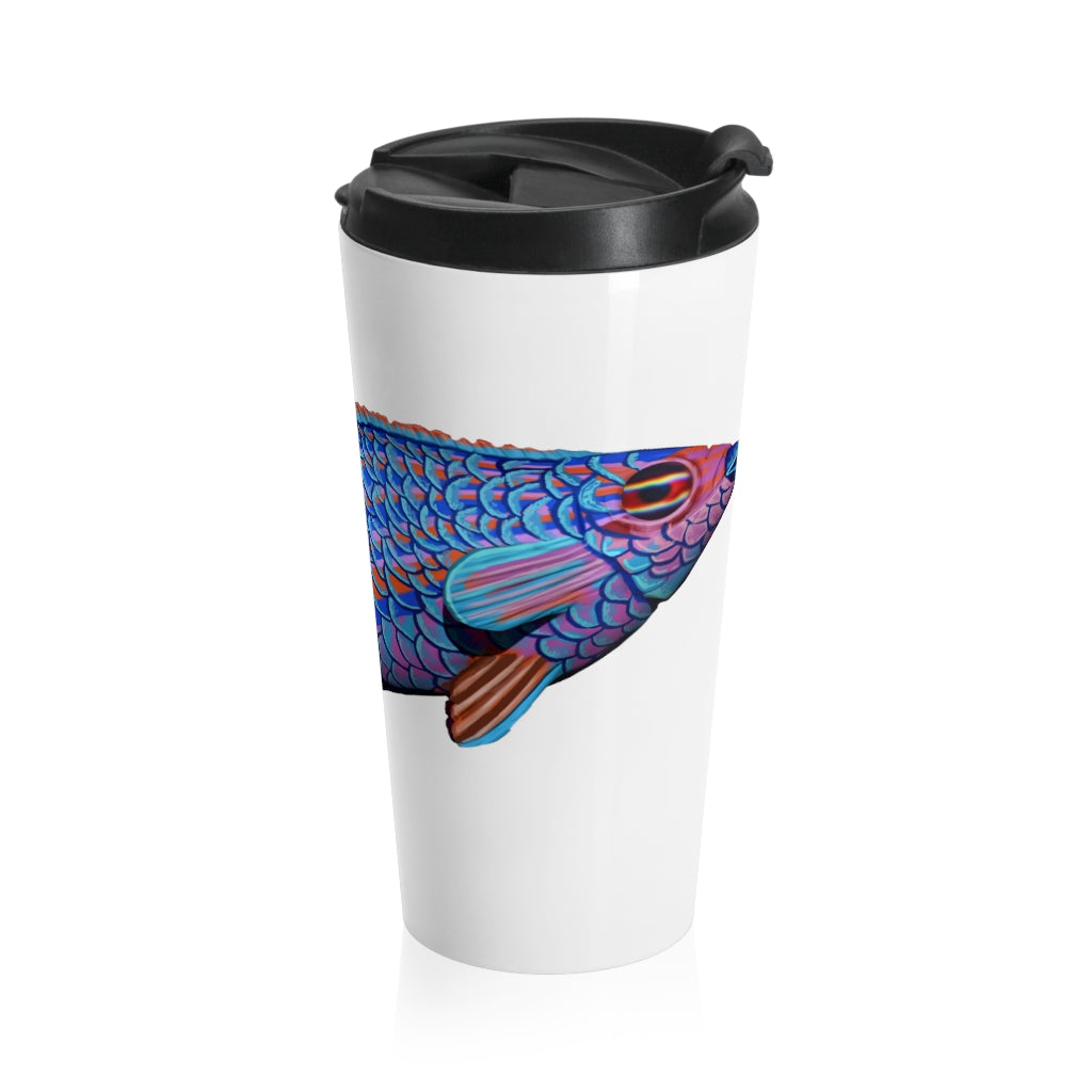 Fish Stainless Steel Travel Mug with black lid, showcasing vibrant sublimation printing design.