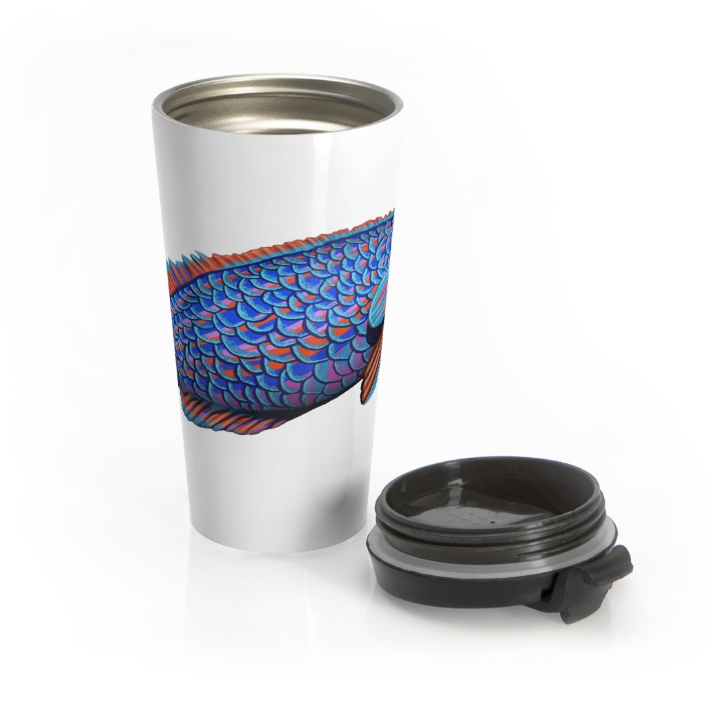 Fish Stainless Steel Travel Mug with black lid, showcasing vibrant sublimation printing design.