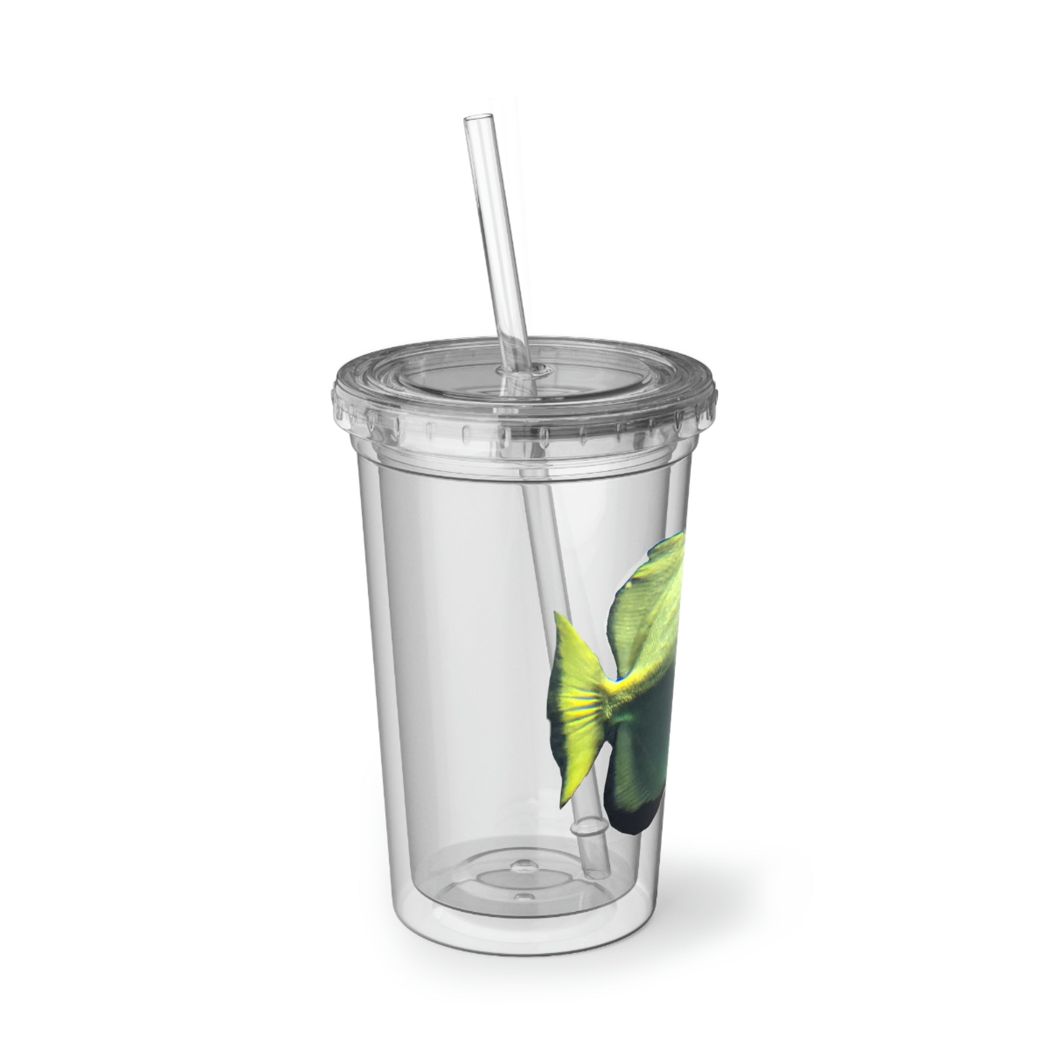 Fish Suave Acrylic Cup with vibrant artwork, double-wall insulation, and a plastic lid and straw, perfect for hot and cold beverages.