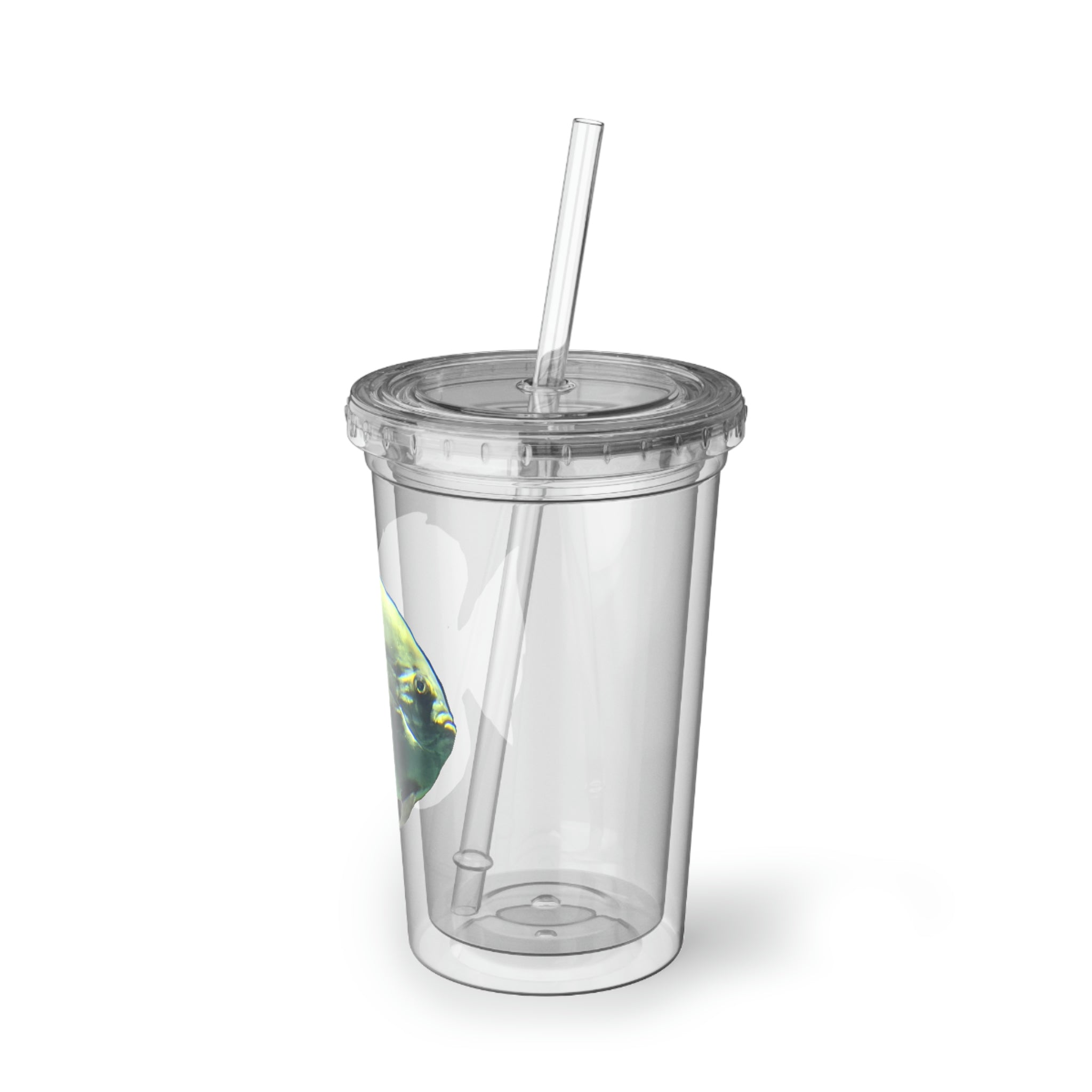 Fish Suave Acrylic Cup with vibrant artwork, double-wall insulation, and a plastic lid and straw, perfect for hot and cold beverages.