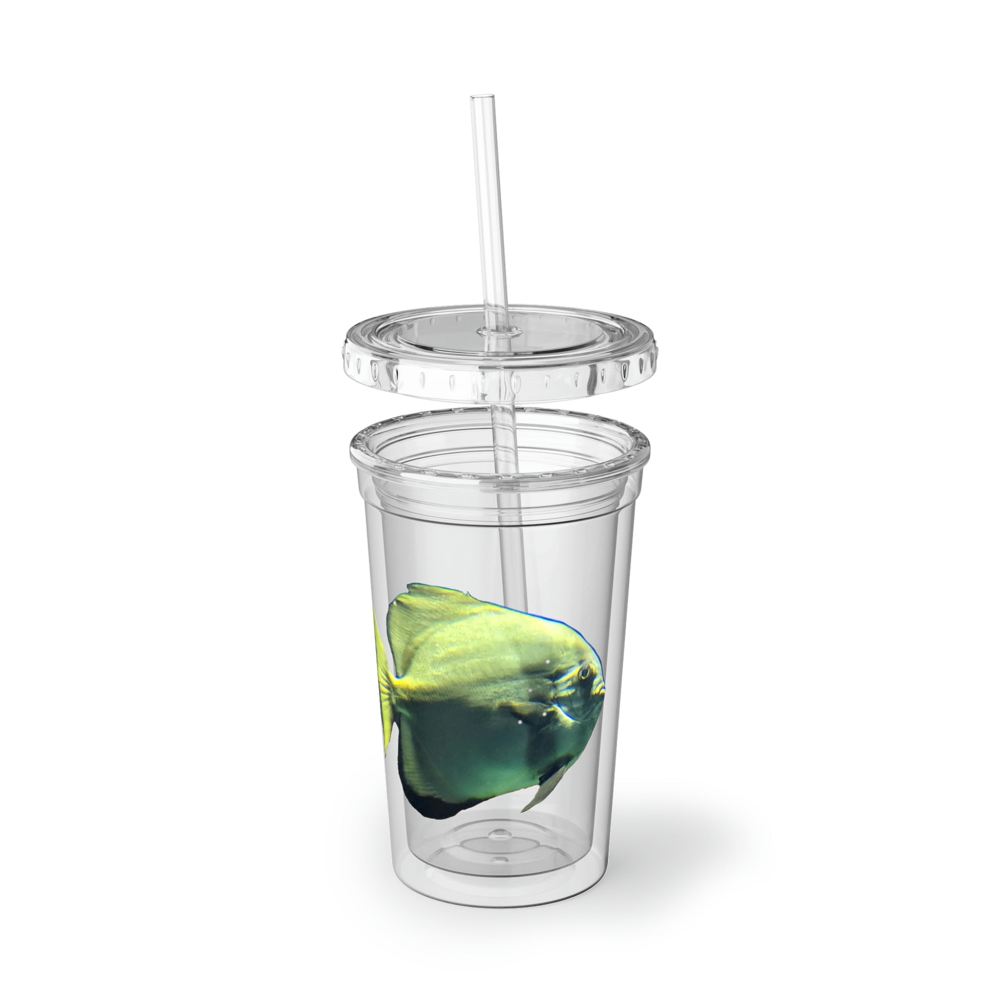 Fish Suave Acrylic Cup with vibrant artwork, double-wall insulation, and a plastic lid and straw, perfect for hot and cold beverages.