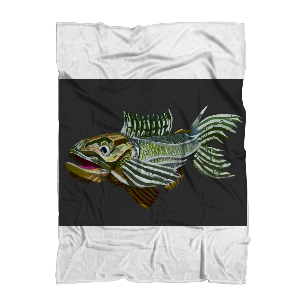 Fish Sublimation Throw Blanket made from soft 100% polyester fleece, featuring a vibrant fish design on the front and a white back.