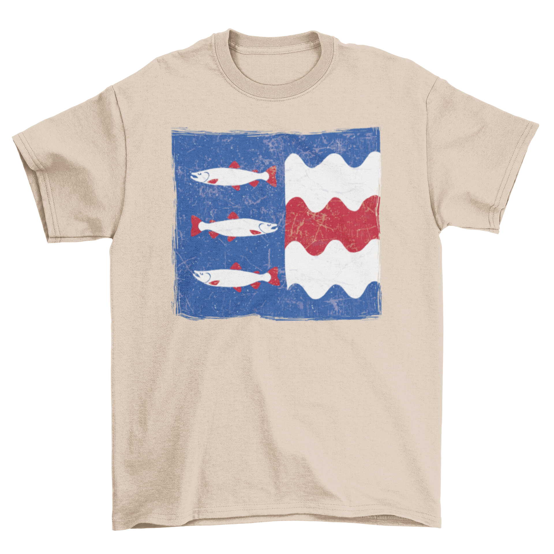 A stylish t-shirt featuring a unique design of three fish swimming in vibrant colors.