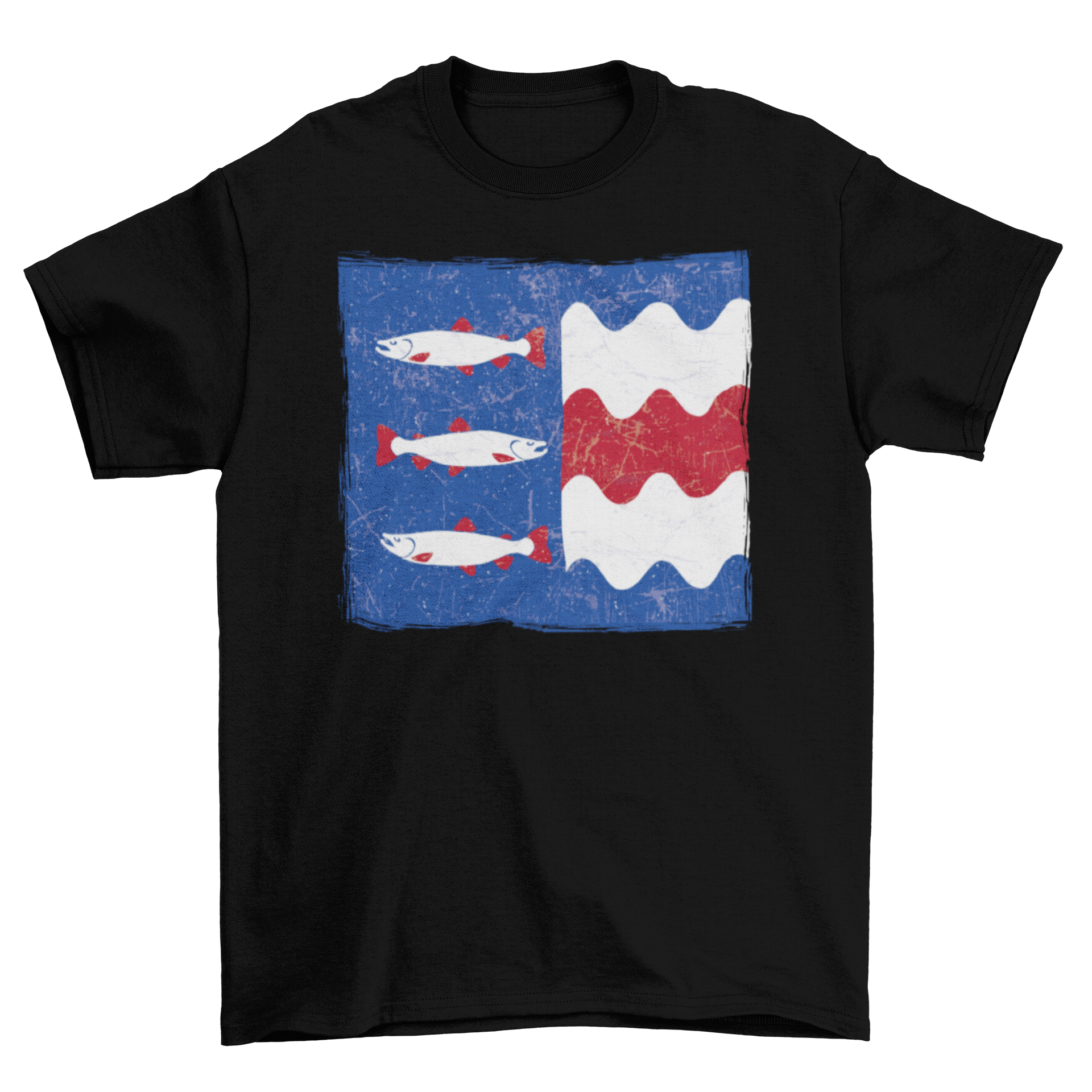 A stylish t-shirt featuring a unique design of three fish swimming in vibrant colors.