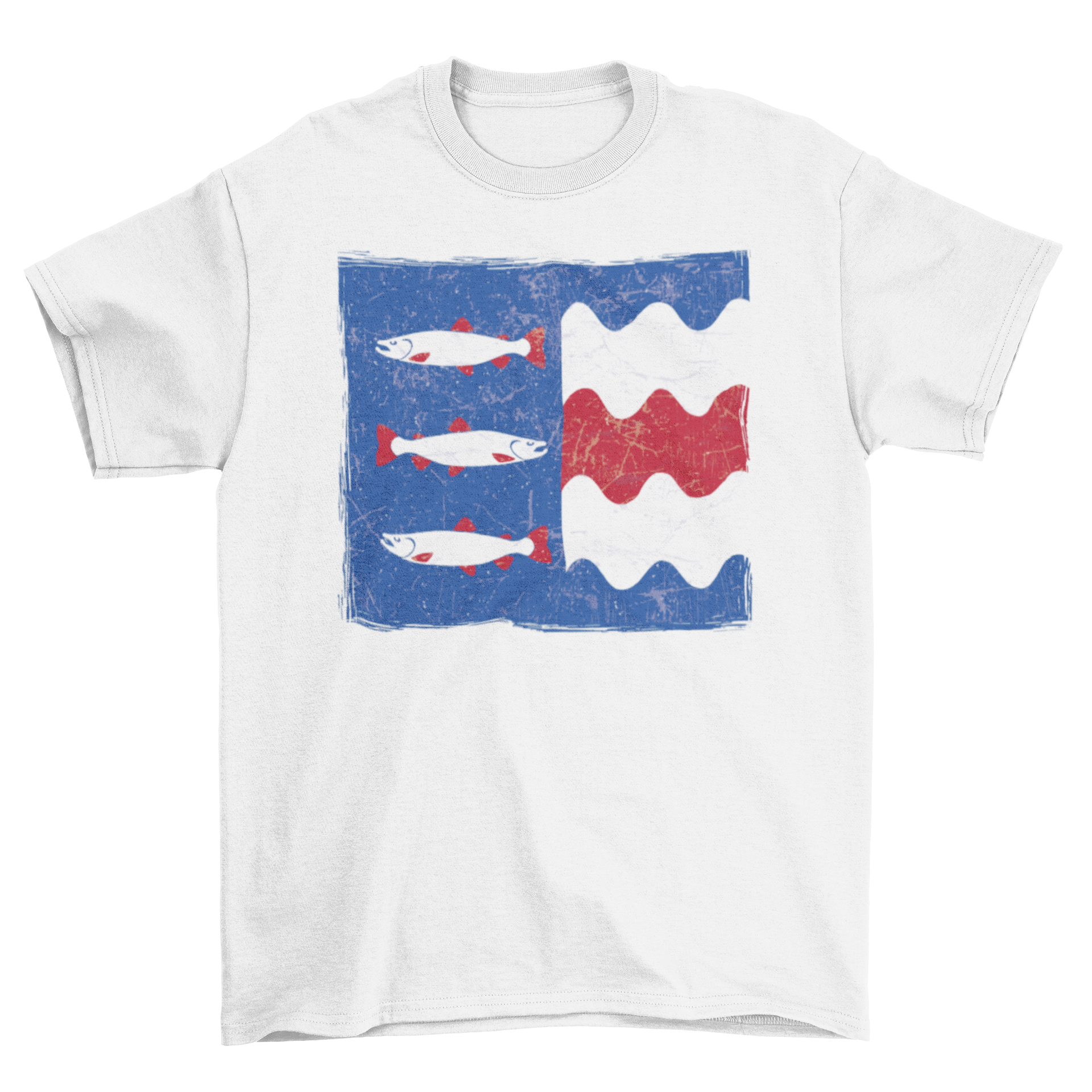 A stylish t-shirt featuring a unique design of three fish swimming in vibrant colors.