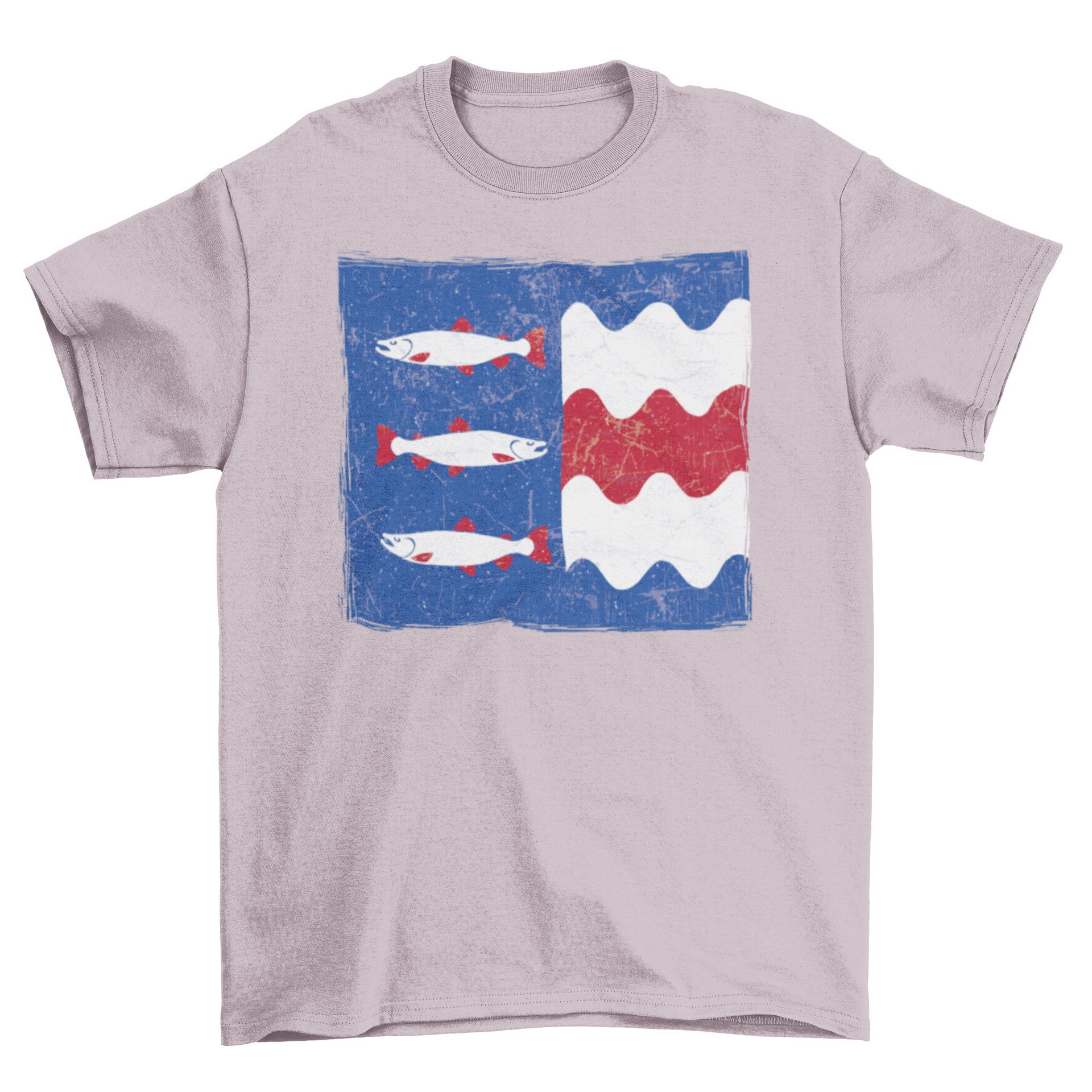 A stylish t-shirt featuring a unique design of three fish swimming in vibrant colors.