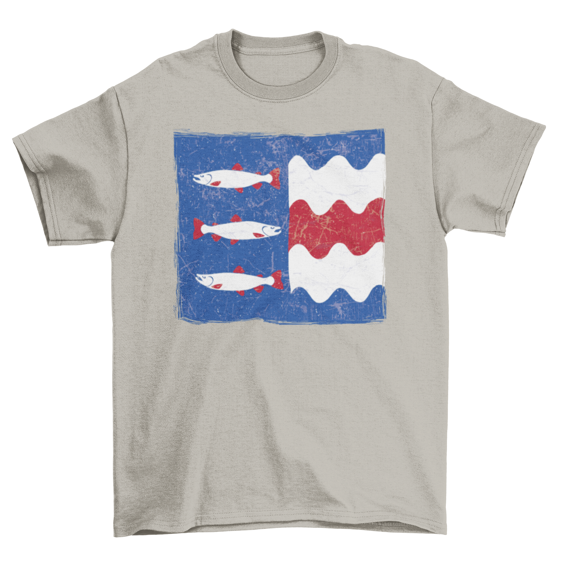 A stylish t-shirt featuring a unique design of three fish swimming in vibrant colors.