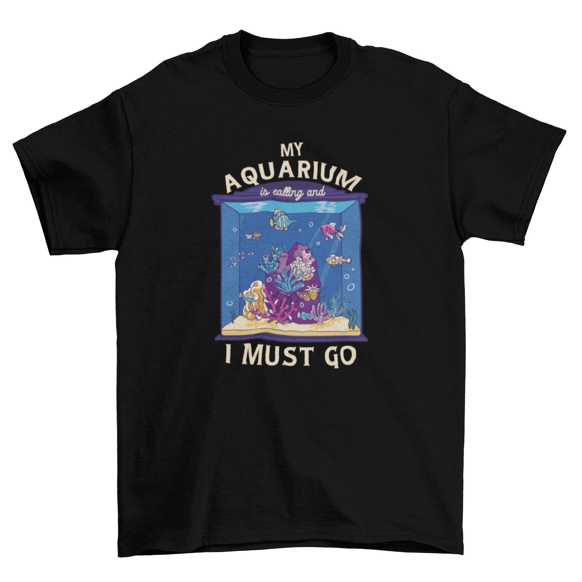 A fun t-shirt featuring a colorful fish tank design and the quote 'My aquarium is calling and I must go'.