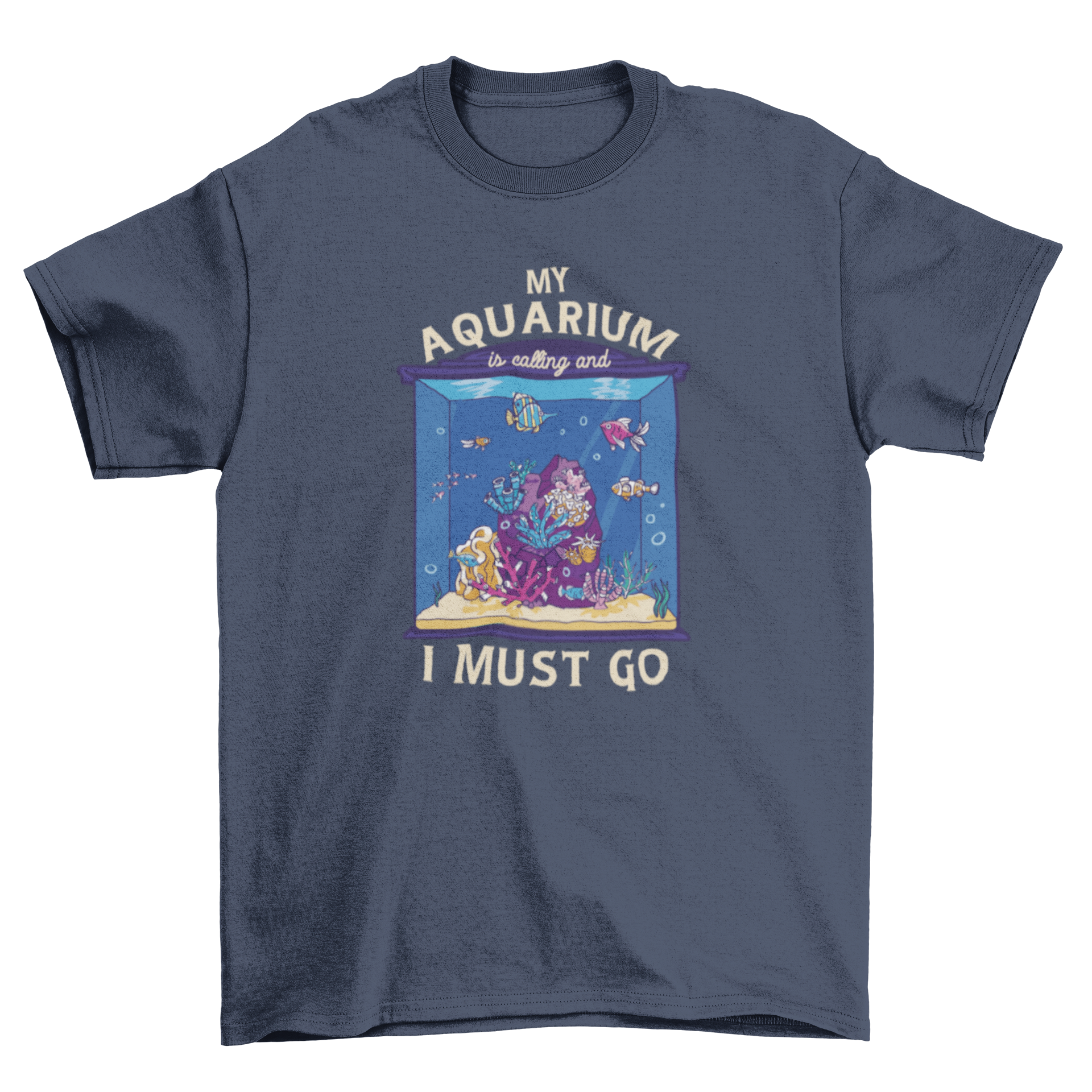 A fun t-shirt featuring a colorful fish tank design and the quote 'My aquarium is calling and I must go'.