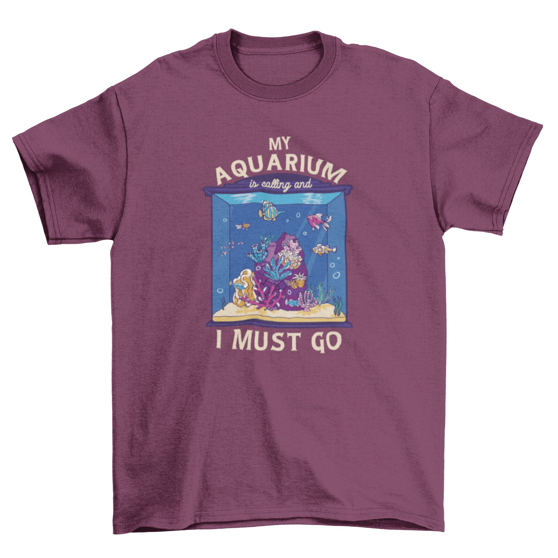 A fun t-shirt featuring a colorful fish tank design and the quote 'My aquarium is calling and I must go'.